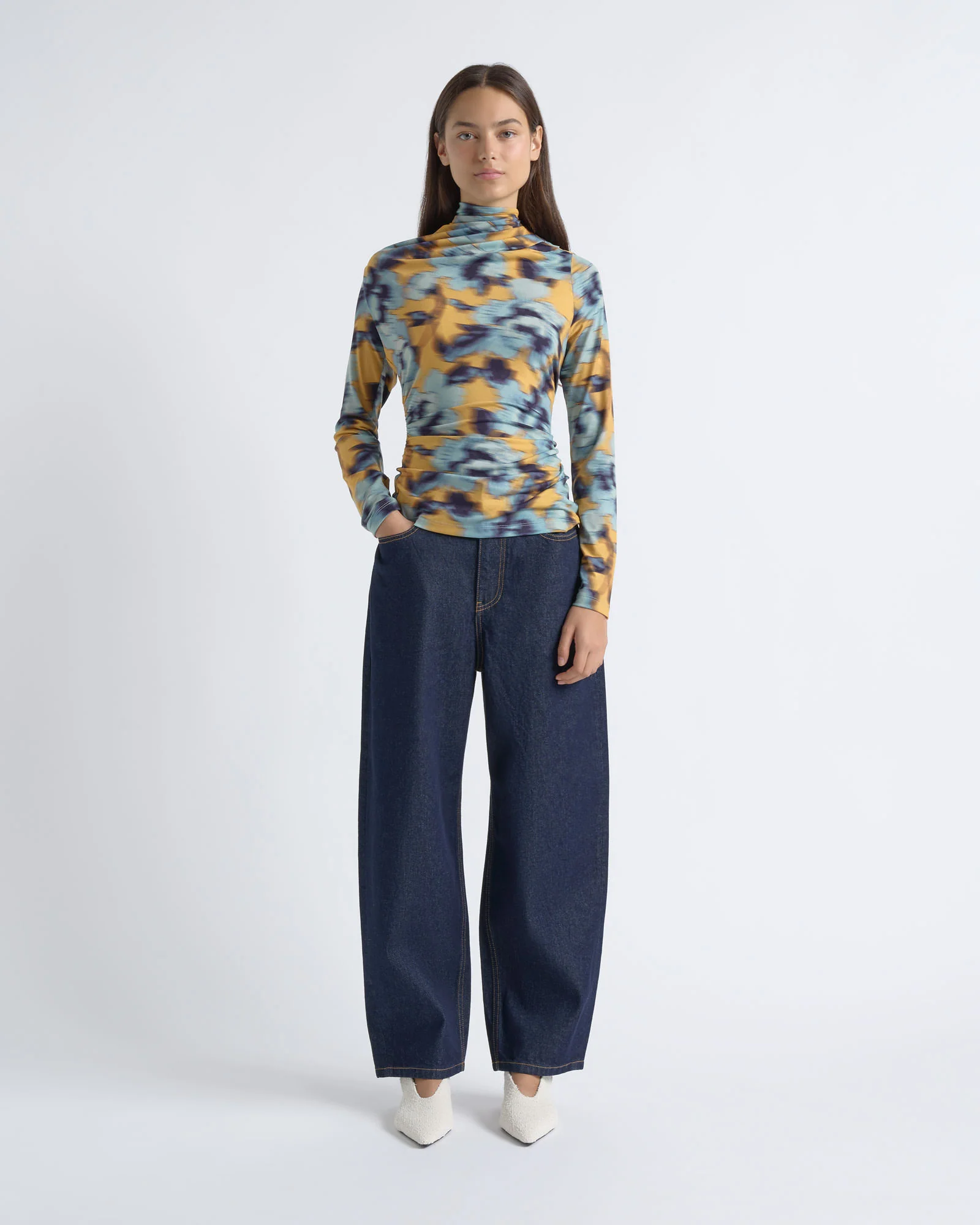 Blurred Floral Gathered Long Sleeve Top