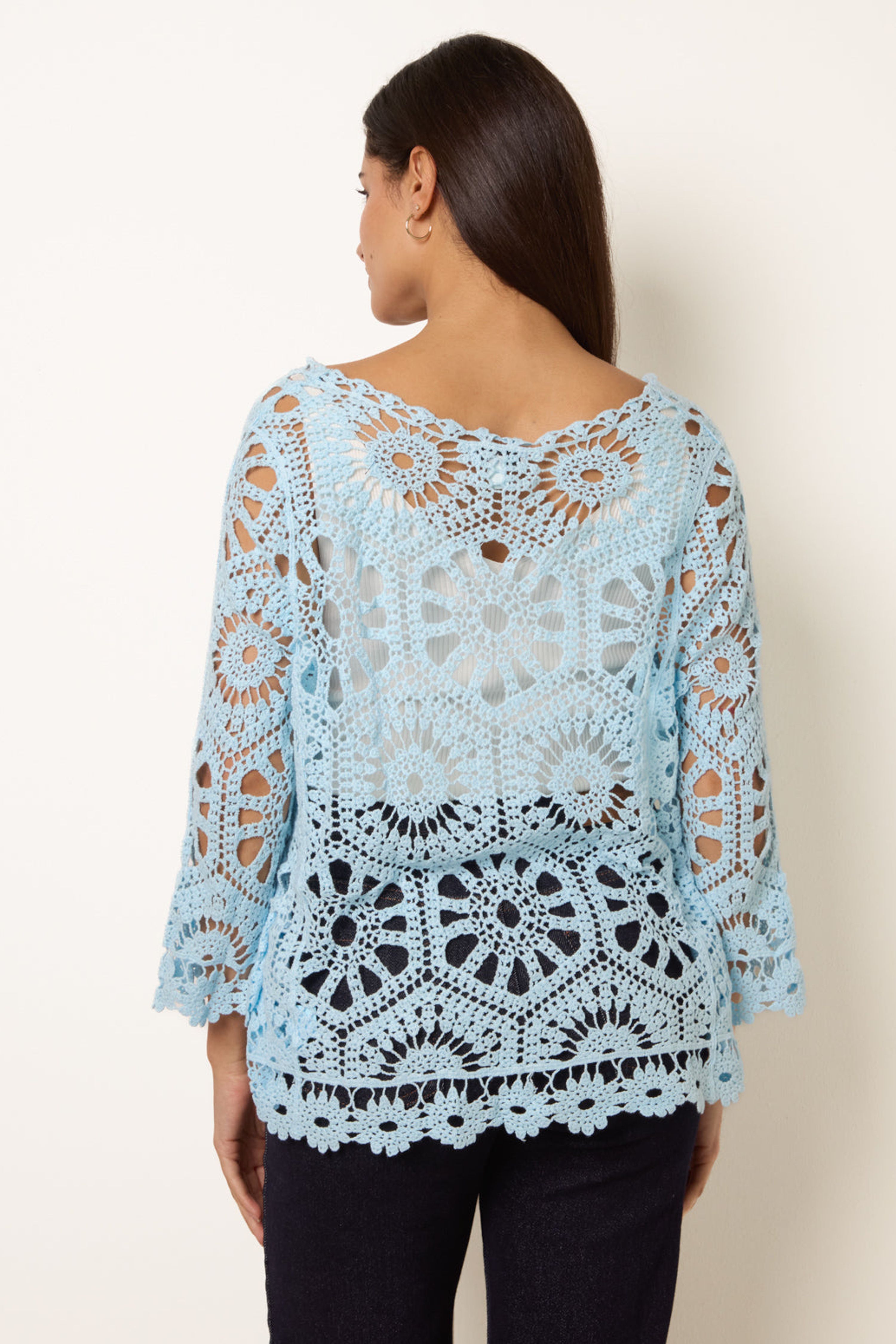 Blue Vanilla Light Blue Long-Sleeved Crochet Cardigan