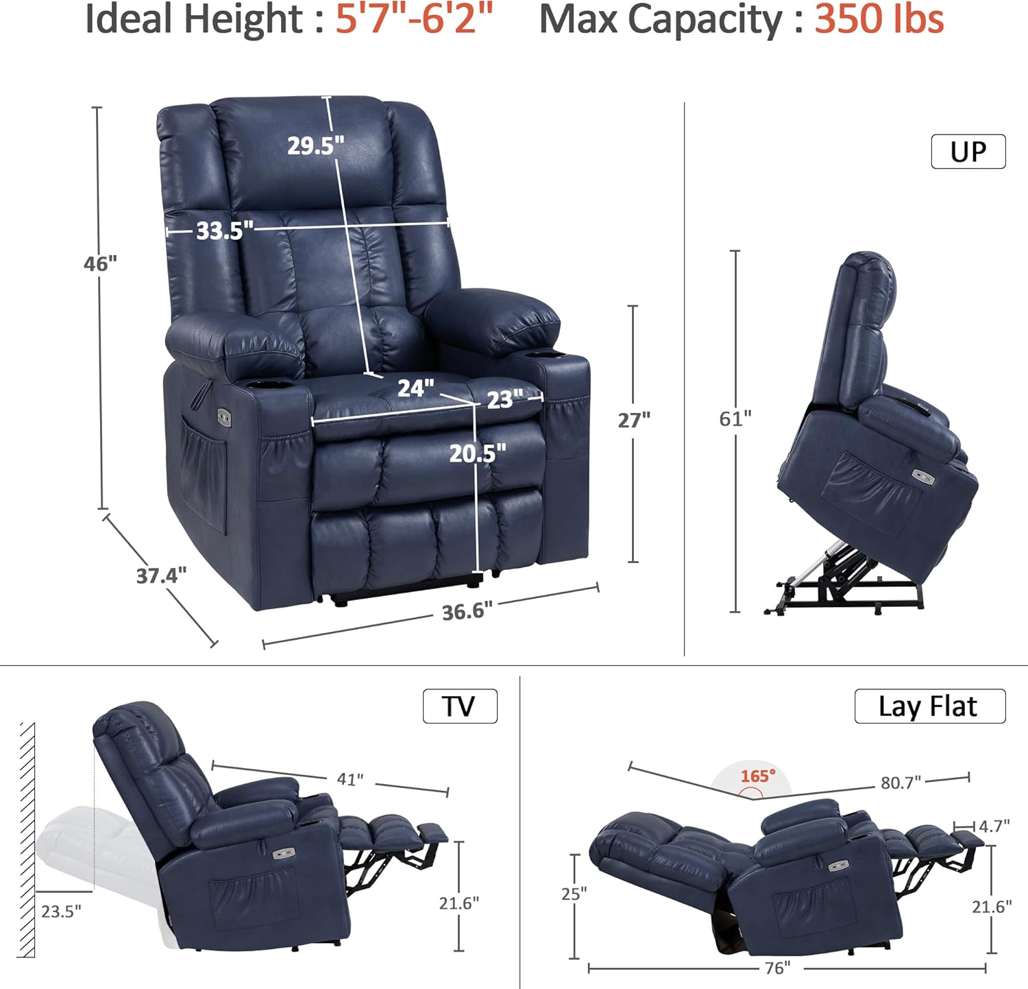 MCombo Dual Motor Large Power Lift Recliner Chair for Elderly, Lay Flat Lift Chair with Heat and Massage, Big Lift Recliner for Tall People, Faux Leather 7896 (Blue, Large)