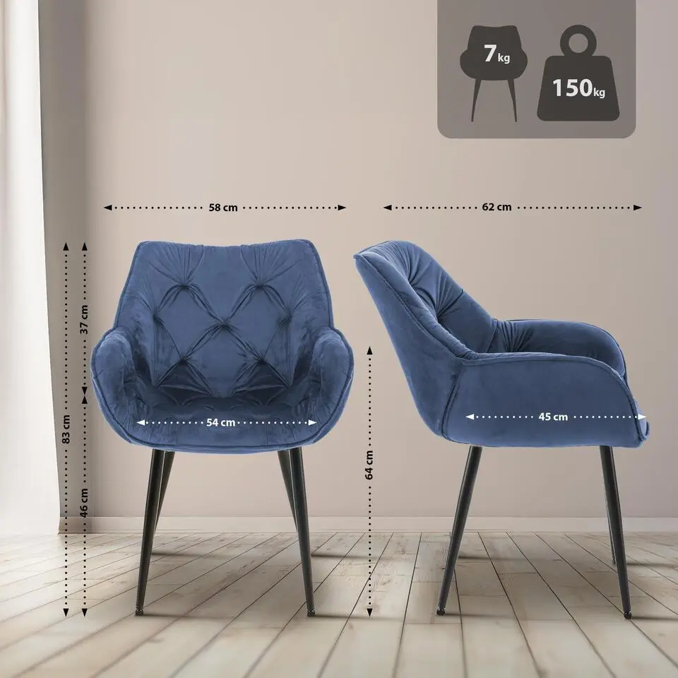 CLP Eetkamerstoel Tanna zwart Frame - Fluweel - blauw