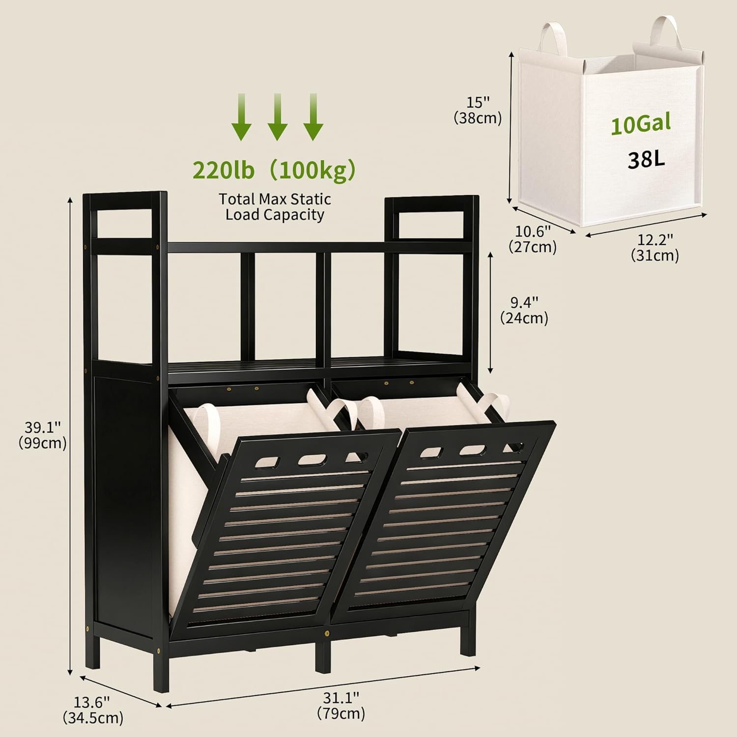 VASMIA Tilt Out Laundry Hamper Cabinet, Bamboo Double Laundry Hamper with 2 Removable Laundry Baskets, 20 Gal Laundry Sorter Organizer with Shelf for Dirty Clothes, Bathroom, Laundry Room, Black