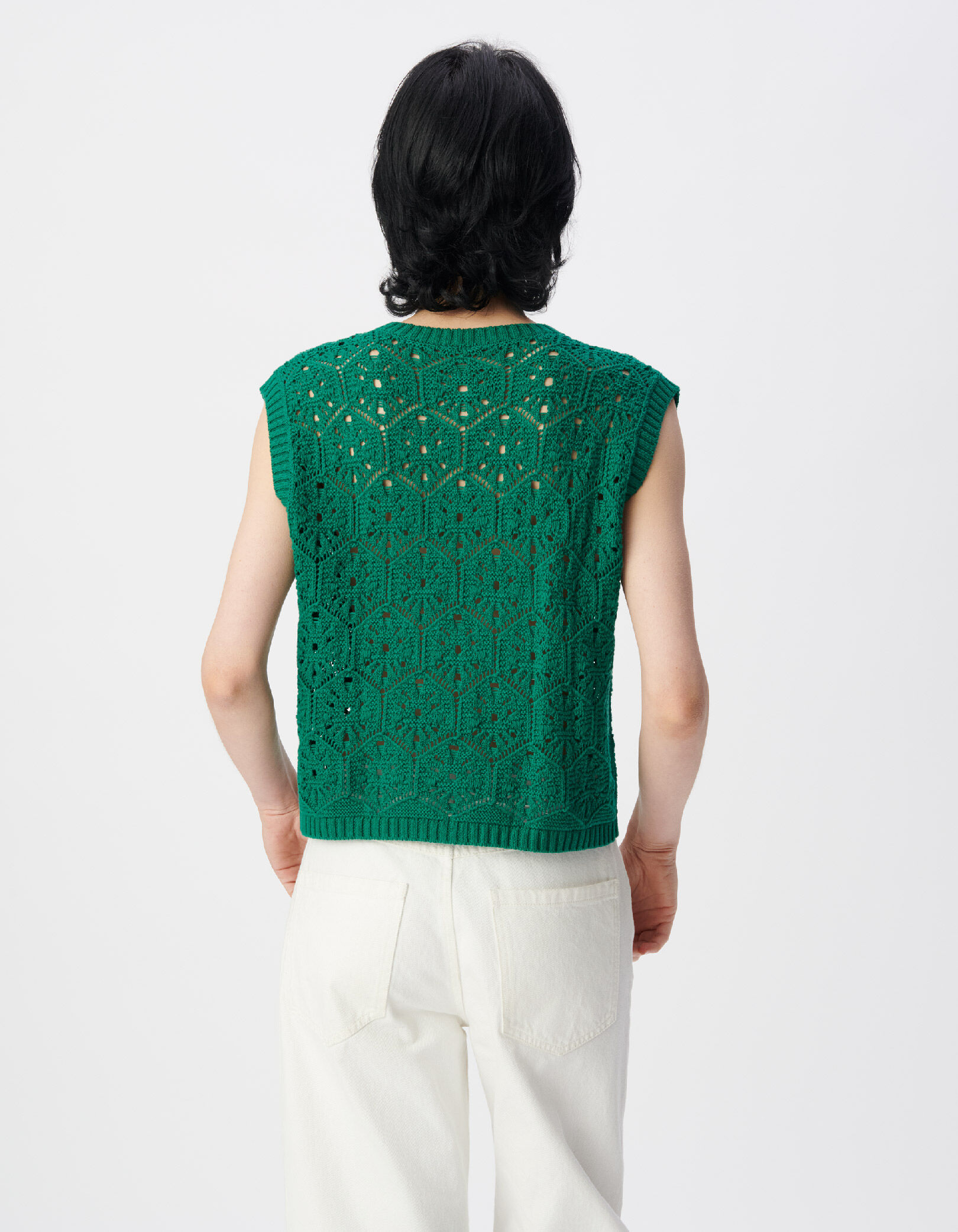Cardigan sans manches vert tricot ajouré Femme