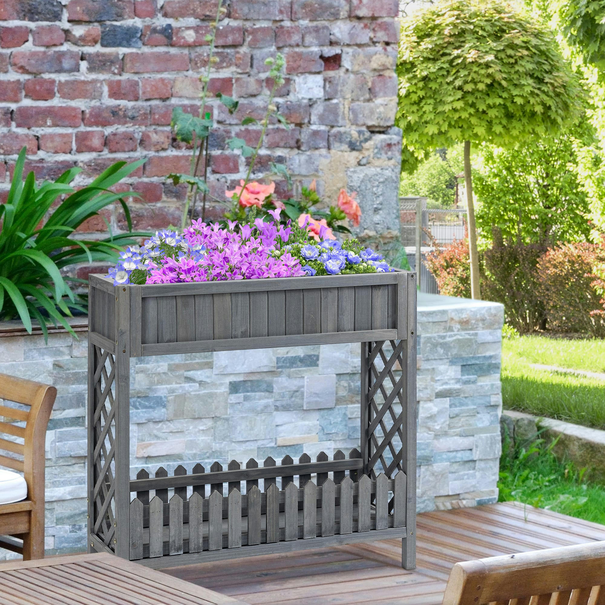 - Jardinière sur pied avec étagère barrière - bois sapin gris