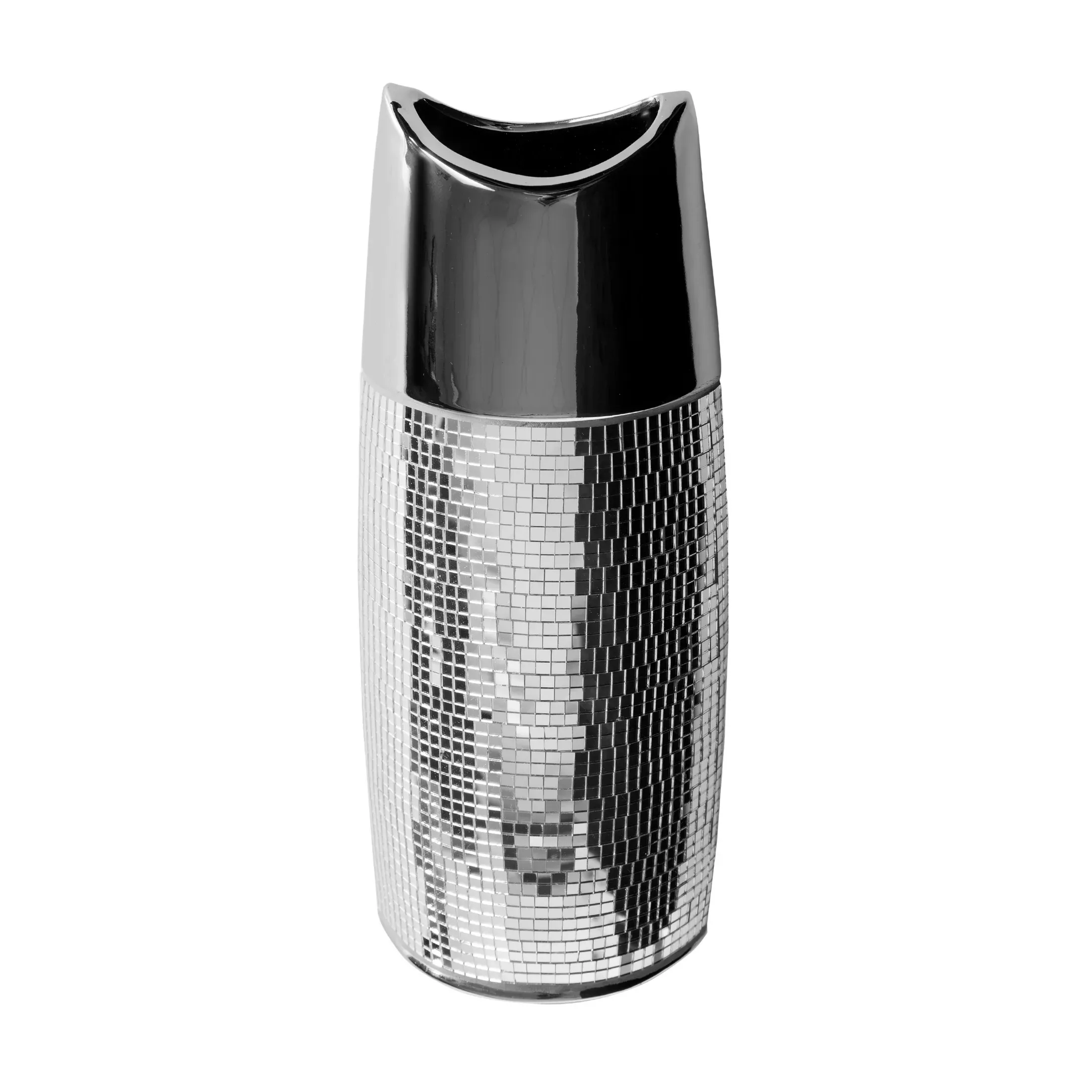 Wazon ceramiczny srebrny dekorowany lusterkami w stylu glamour srebrny 14x8x34 cm AURORA