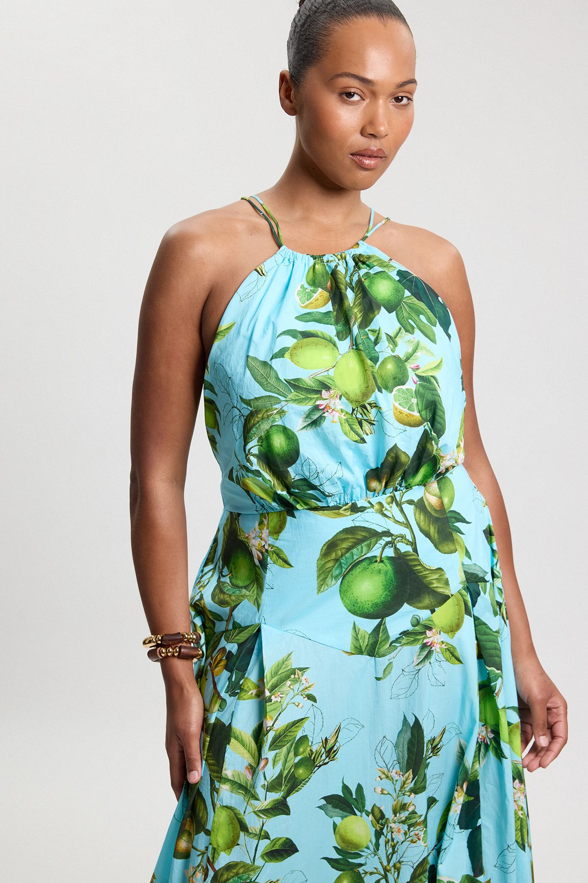 KarenMillen Plus Size Lime Print Cotton Halter Neck Woven Midi Dress With Dropped Waist Detail