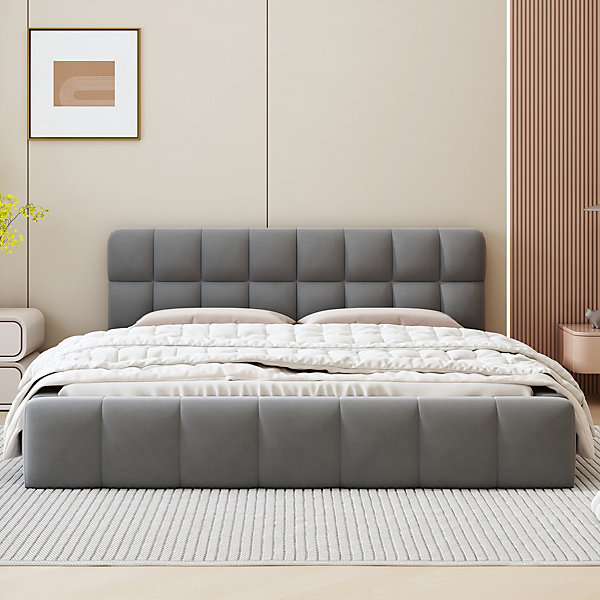 Lit tapissé 140 par 190 cm lit double dossier rembourré cadre rembourré lattes lin gris matelas non inclus