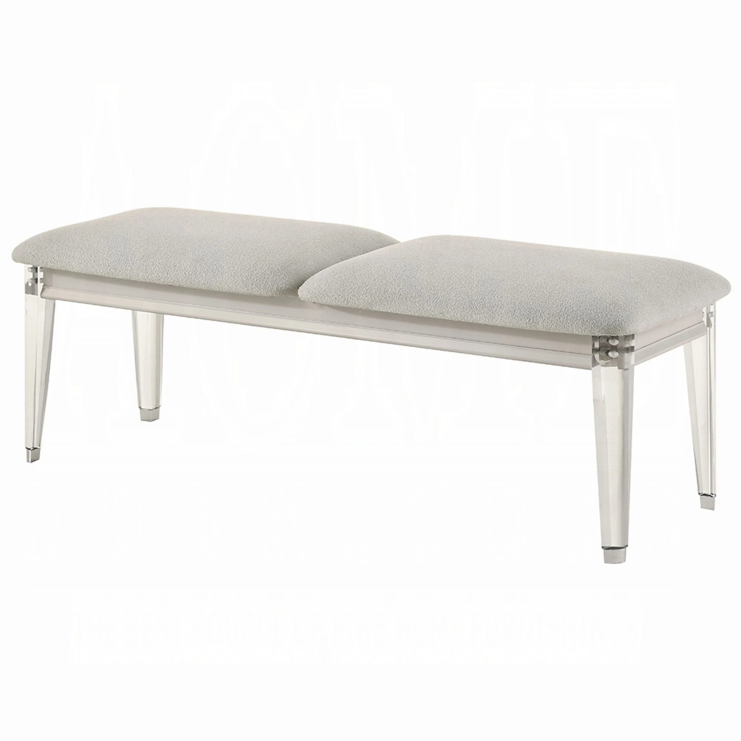 Veda Accent Bench, Light Gray Boucle, Pearl White Wood Finish, 54 Inch