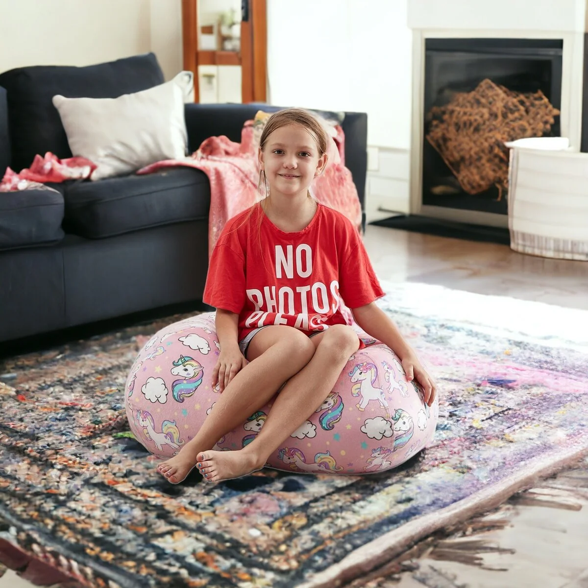32 Light Pink Microfiber Round Unicorn Pouf Cover
