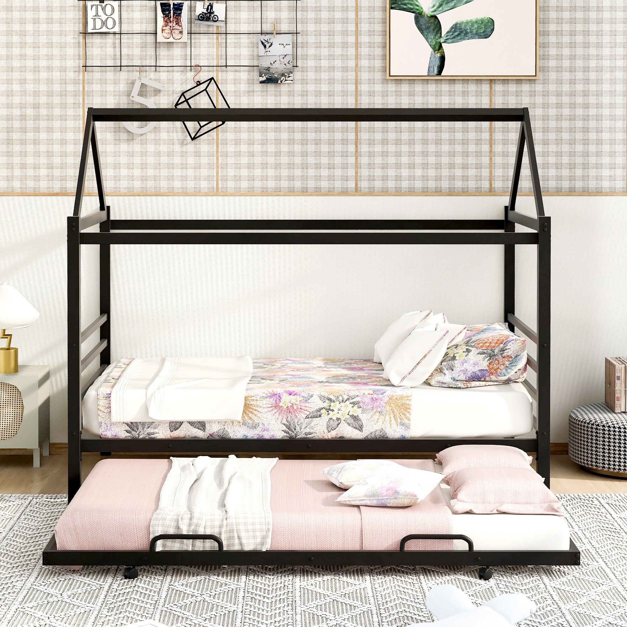 Twin Metal House Shape Bed with Pull-Out Trundle, Space-Saving Design