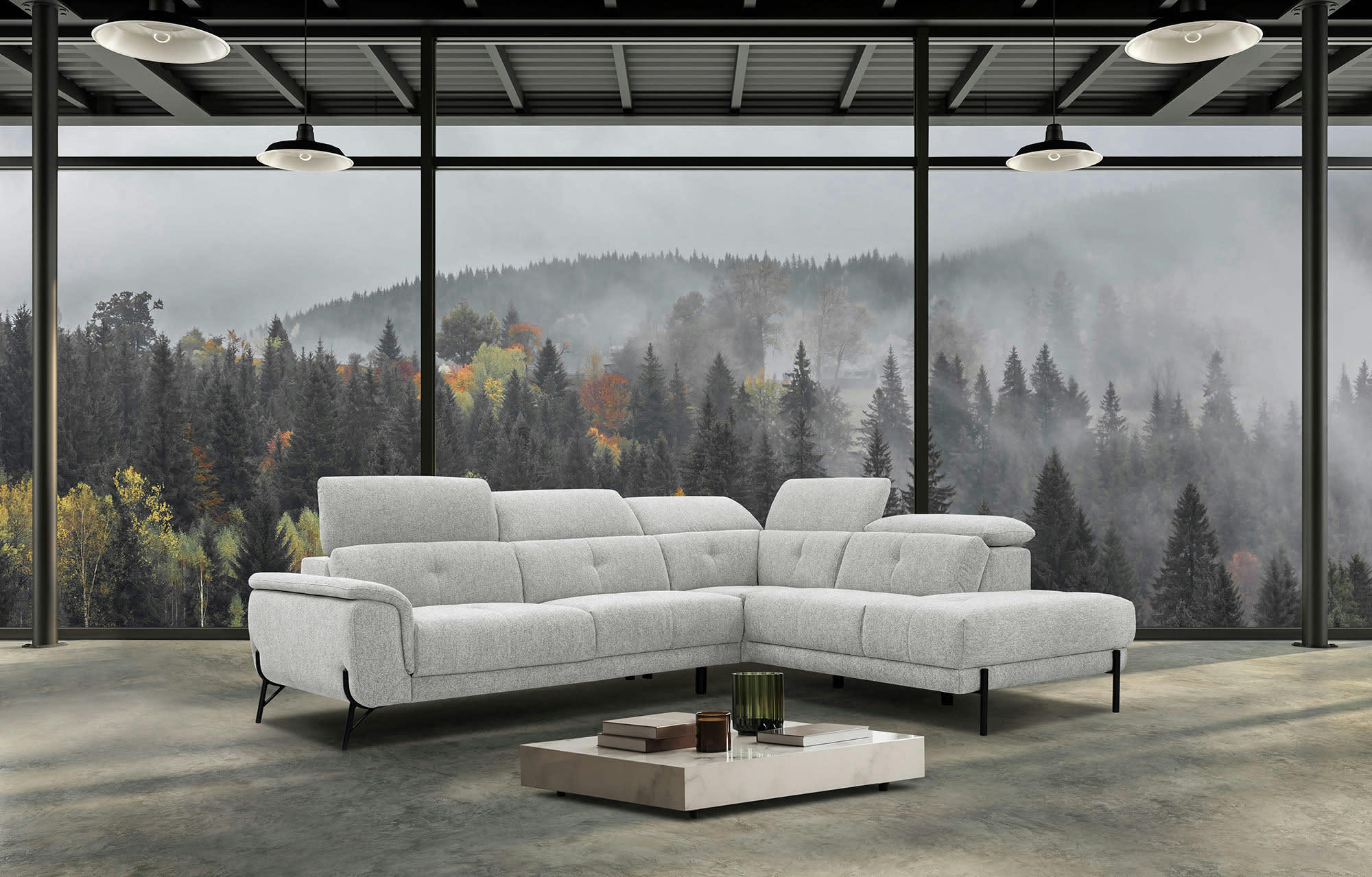 AVENA - Canapé d'angle droit  5 places en tissu beige clair