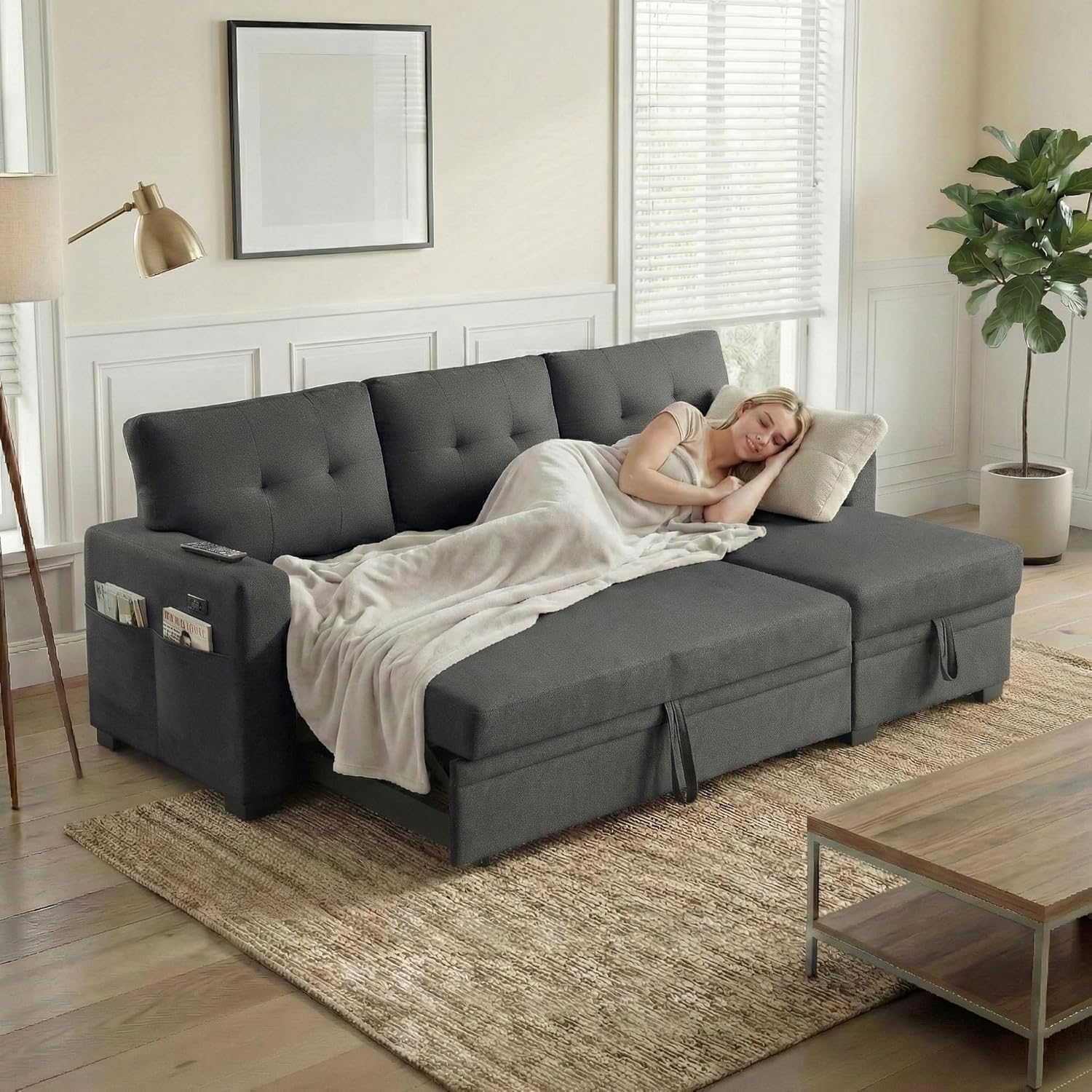 Convertible Sleeper Sofa Bed with Pull Out Couch, L Shaped Couch with Chaise Storage, USB Charge & Side Pocket, Small Sectional Couches for Living Room, Apartment | Linen Fabric | 82 | Dark Grey