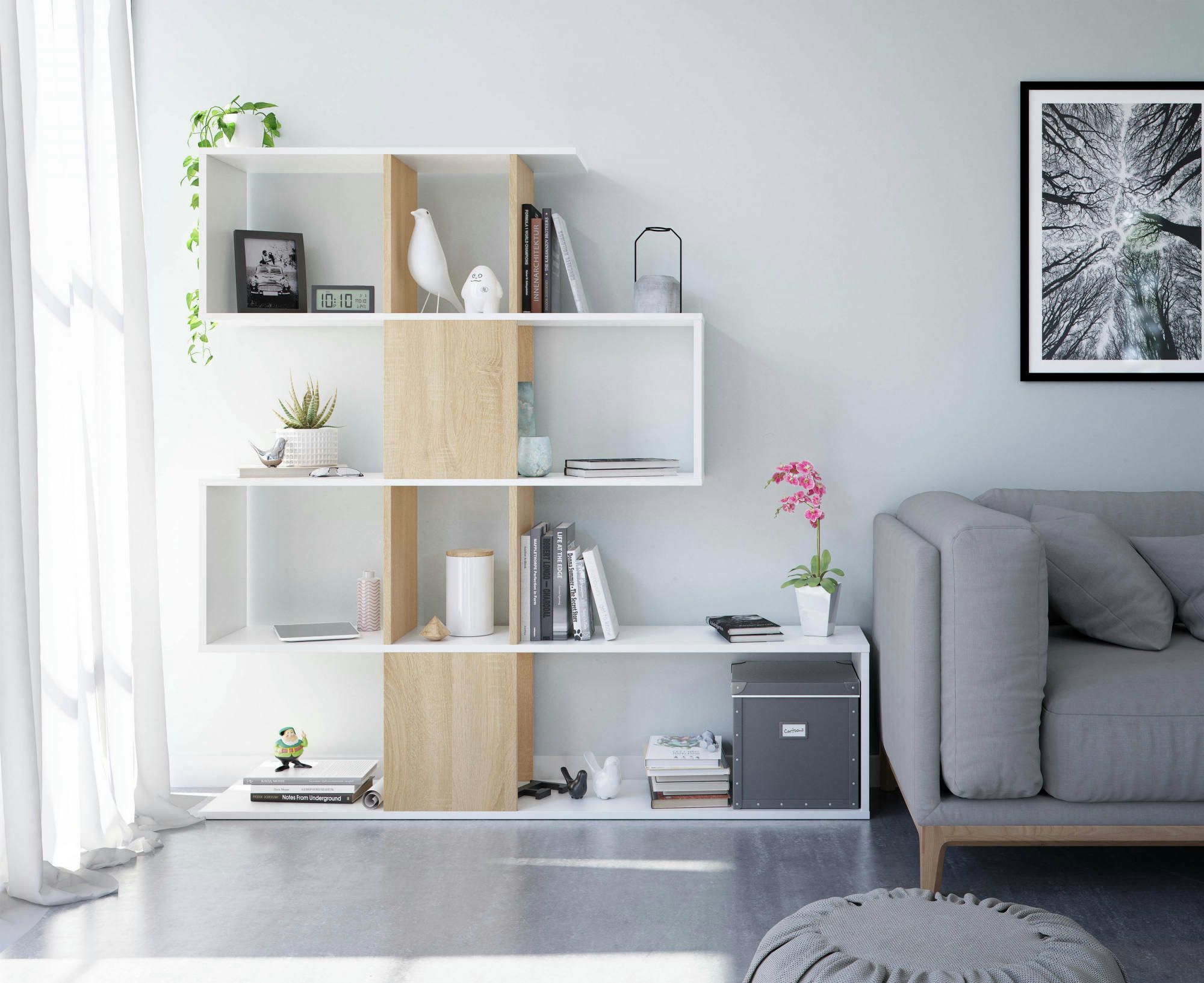 DAMAGO - Bibliothèque 7 compartiments effet bois blanc et chêne