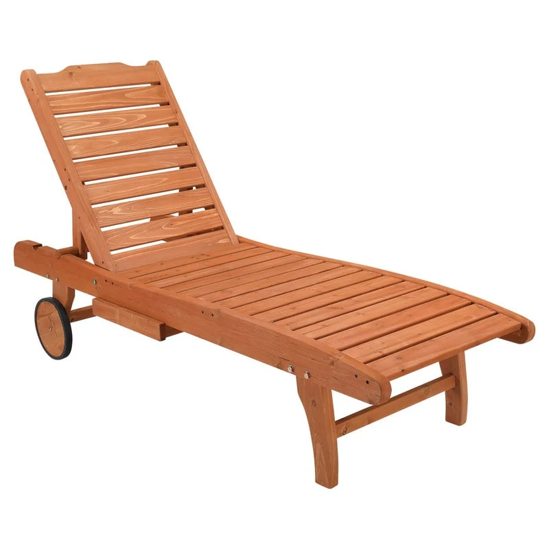 Patio Rolling Wooden Chaise Lounge withe Cup Holder