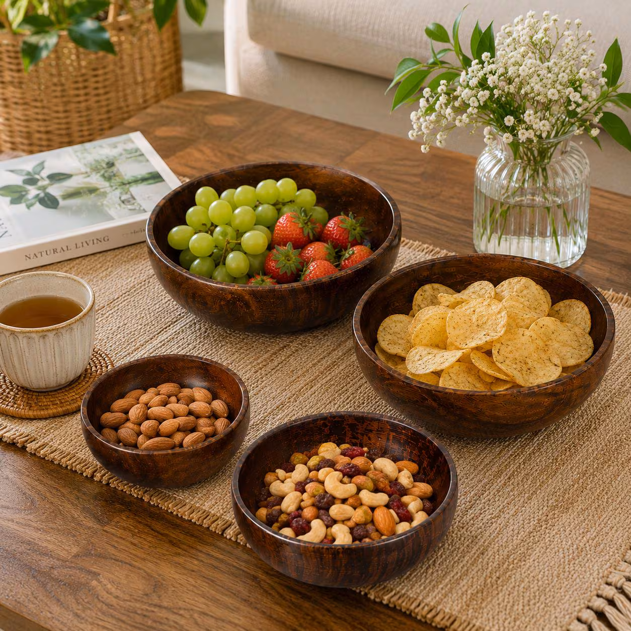 Set of 4 Handmade Wooden Serving Bowls, Natural Dark Wood Salad Bowls, Snack & Fruit Bowls for Kitchen, Dining Table and Home Décor