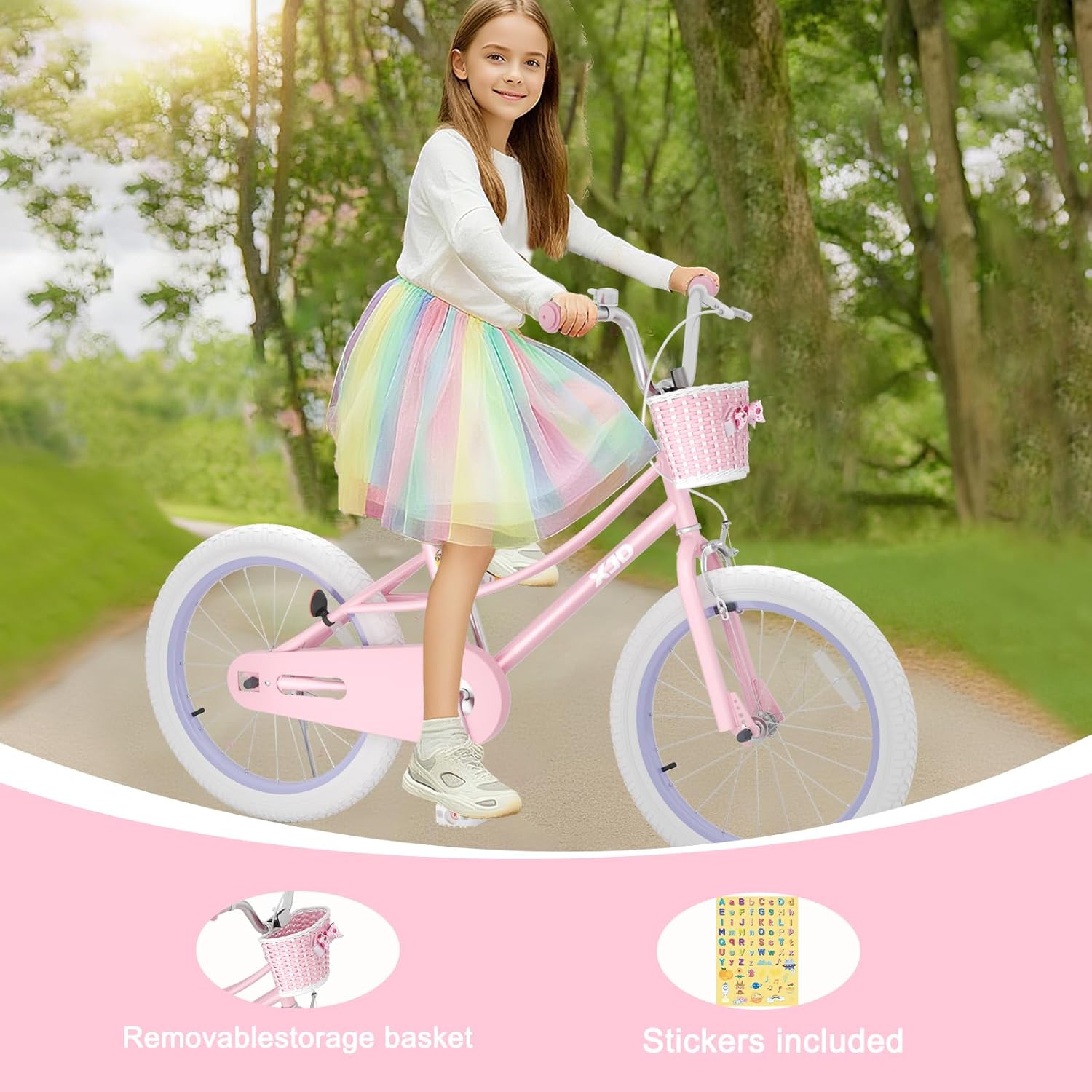 XJD Girls Bike for 3-12 Years Old Girls, 12 14 16 20 Inch Kids Bike with Training Wheels, Adjustable Seat Height, Coaster Brake, Streamers Basket