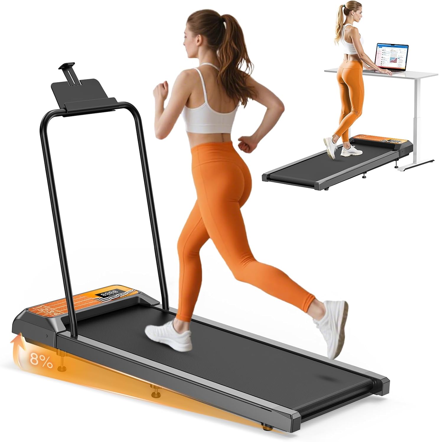 HCOIW Walking Treadmill Pad with Incline - Portable Under Desk Treadmill, Walking Mat Pad with Handle Bar, 2.5HP Low Noise, 2 in 1 Treadmills for Home Office, Remote Control with LED Screen