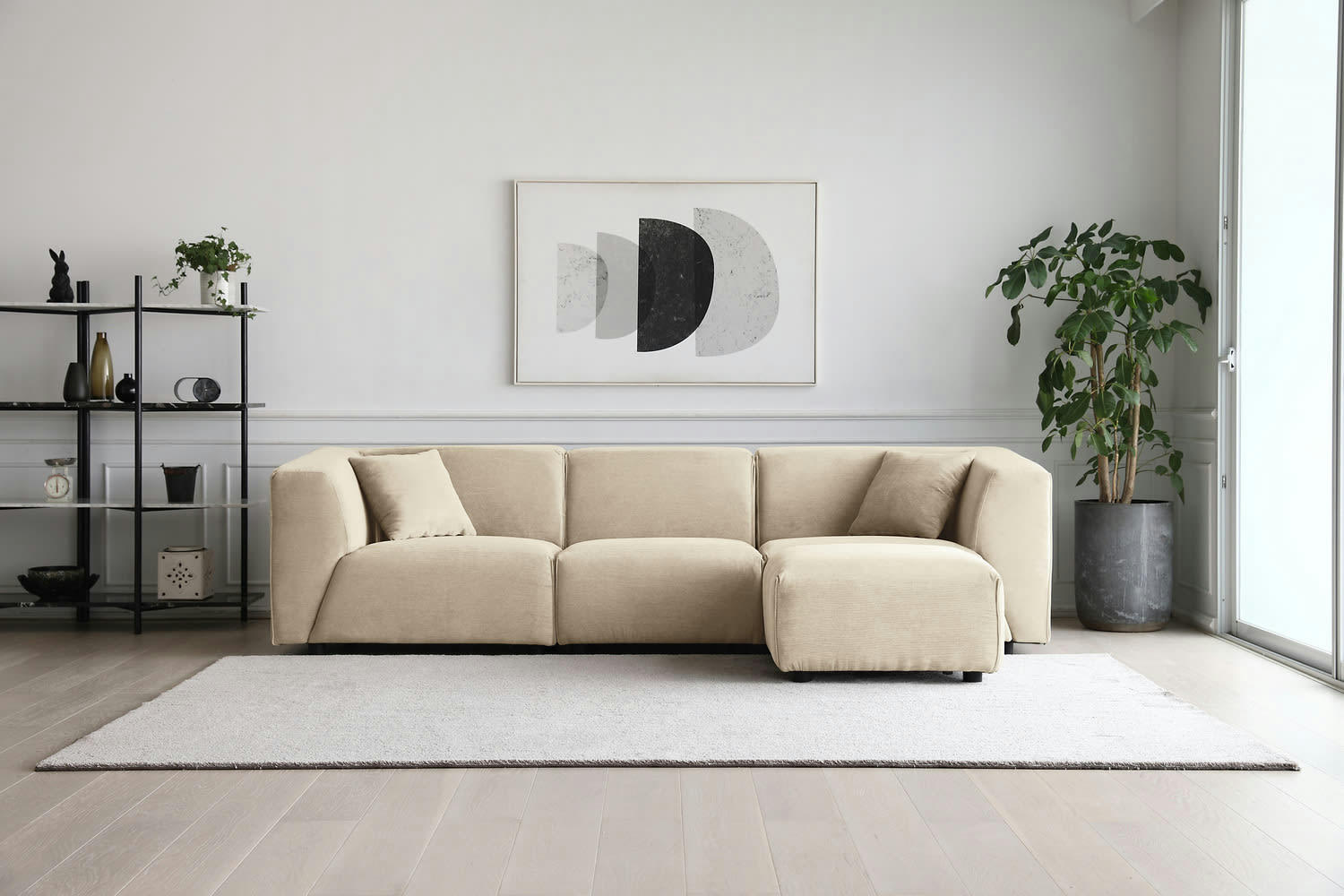 MONROE - Canapé modulable 3 places + 1 pouf velours côtelé beige