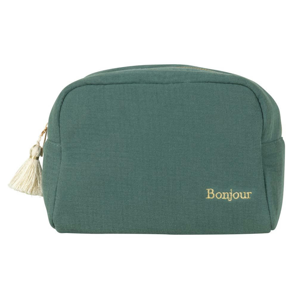 ESSENTIELLE - Trousse en gaze de coton verte et pompon 24x17