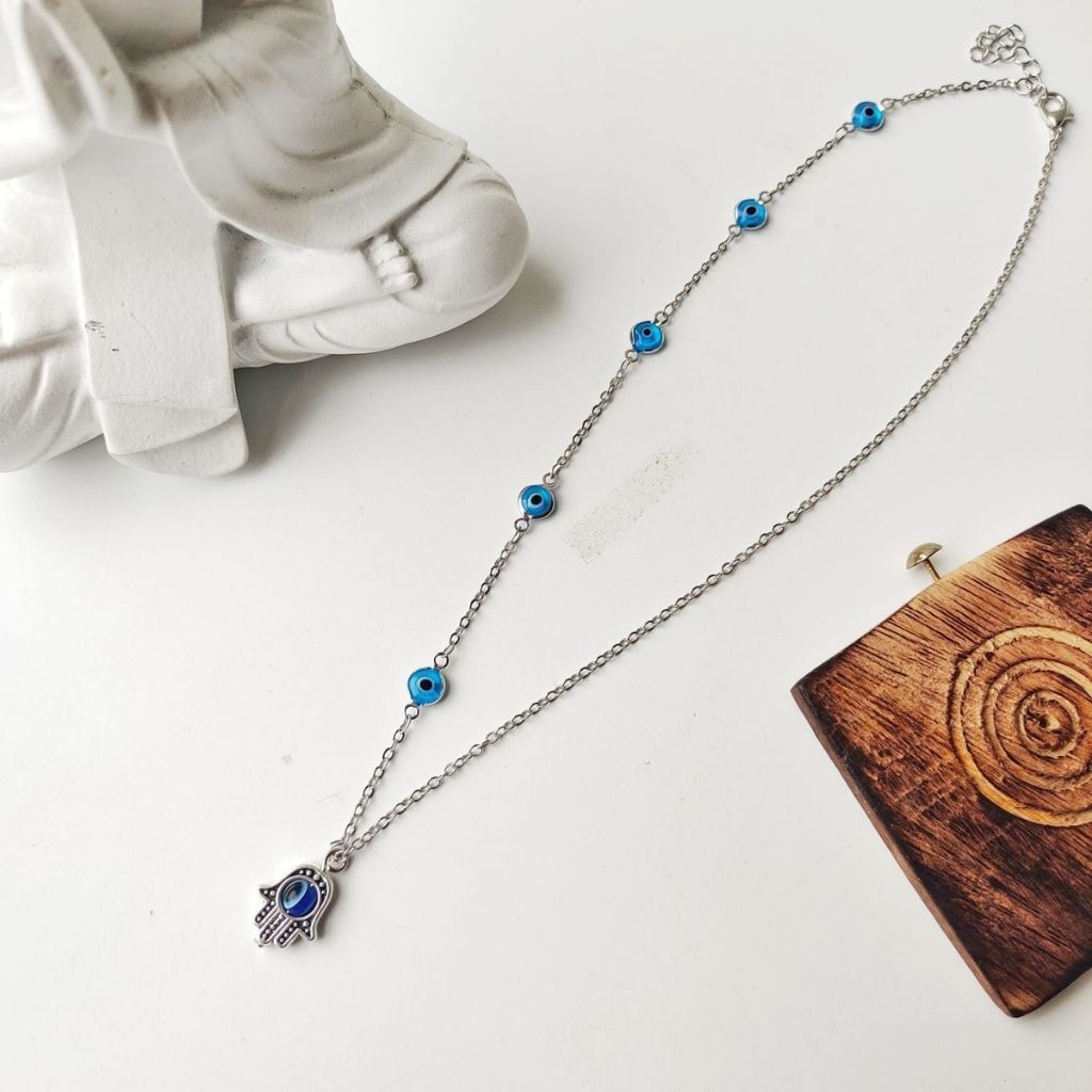 The Colourful Aura Half Evil Eye Necklace Hamsa Charm Silver Protection Choker Necklace