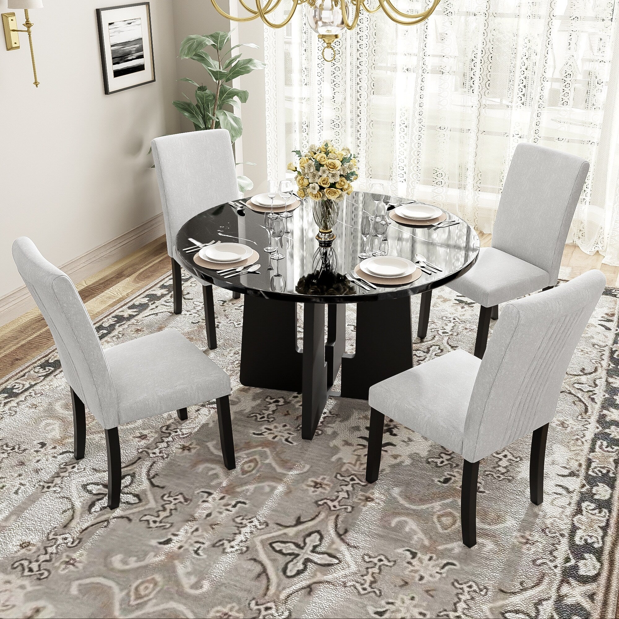 5-Piece Round Dining Table set, Modern Dining Table and 4 Upholstered Chairs