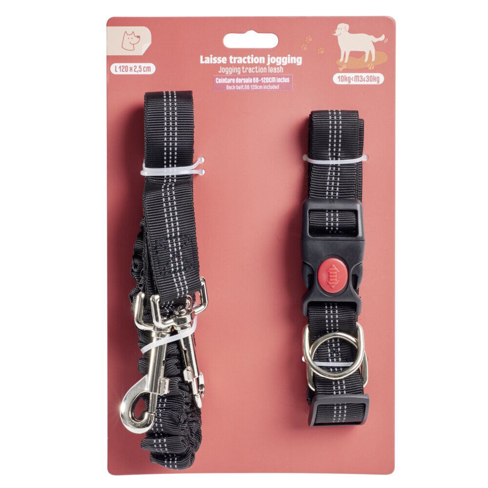 Laisse traction jogging canicross avec ceinture dorsale L120cm