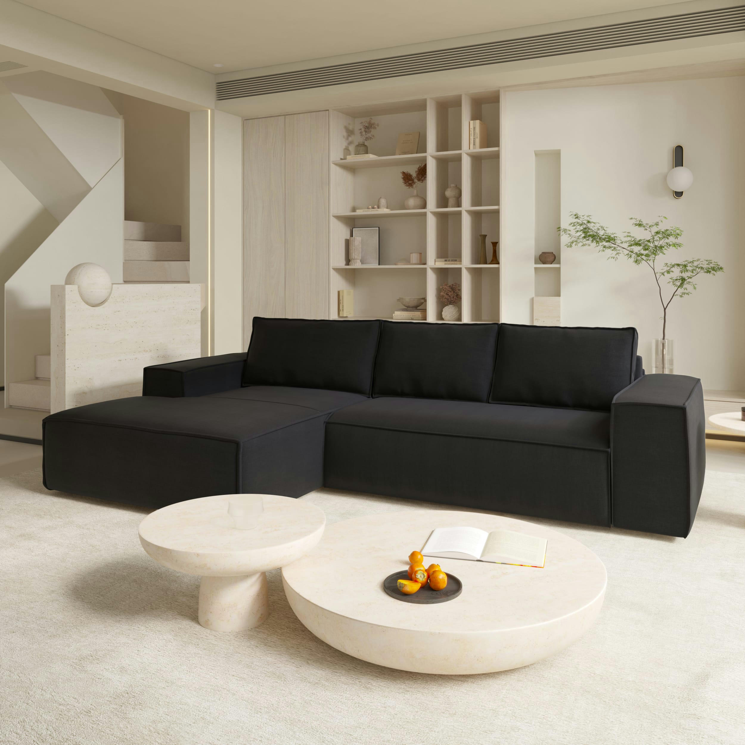 JOAN - Canapé convertible angle gauche dunlopillo velours noir 140cm