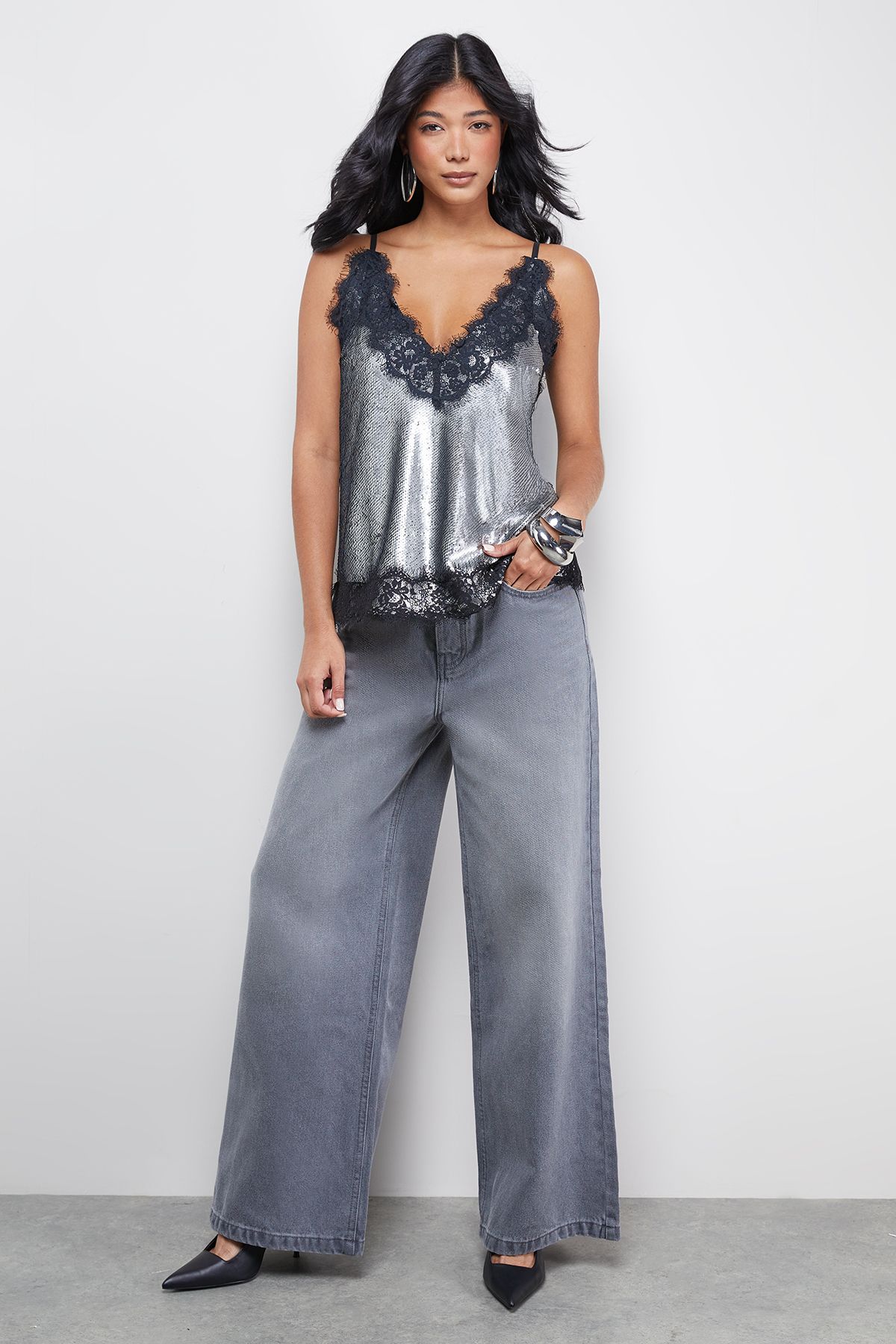Warehouse Sequin Lace Trim High Apex Cami Top