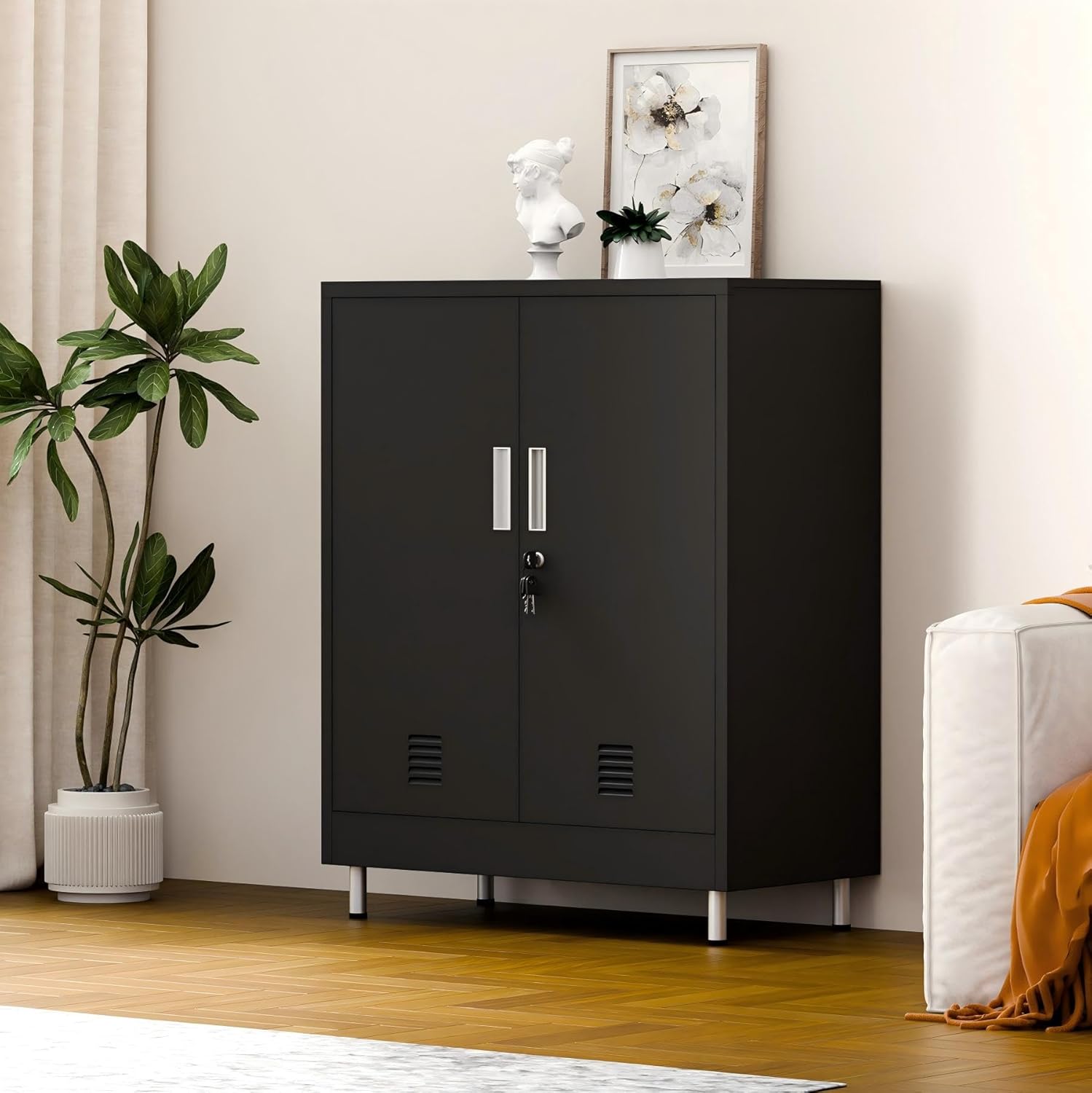 JINGUR Metal Storage Cabinet with Locking Doors and 2 Adjustable Shelves, Lockable Storage Cabinet for Home Office Garage Pantry Living Room (Black)
