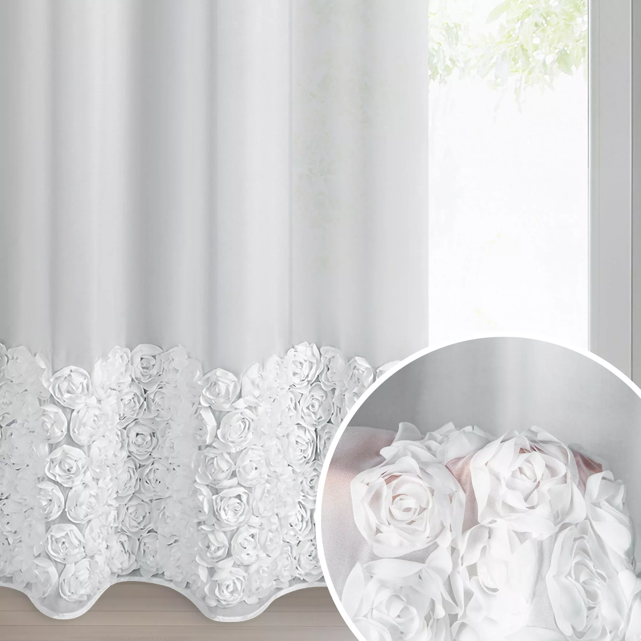 Firana biała z szyfonu zdobiona aplikacją 3D w róże 140x250 cm przelotka - ROSES - Eva Minge