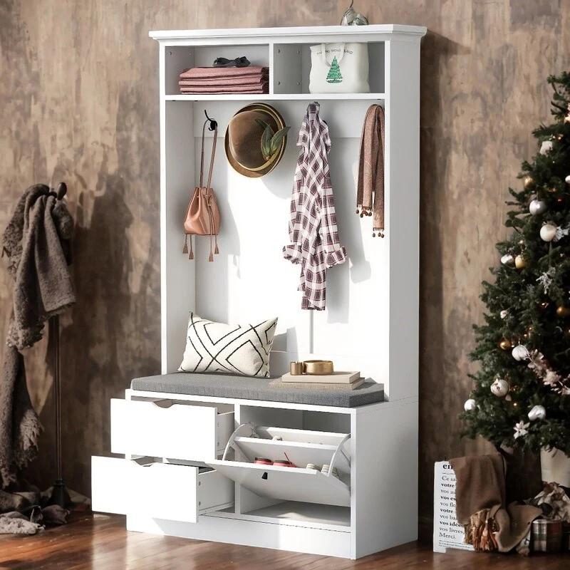 5-in-1 Storage Bench with Coat Rack and Cushion, 4-Sturdy Hooks Hall Tree with Shoe Storage for Hallway Entryway, Black