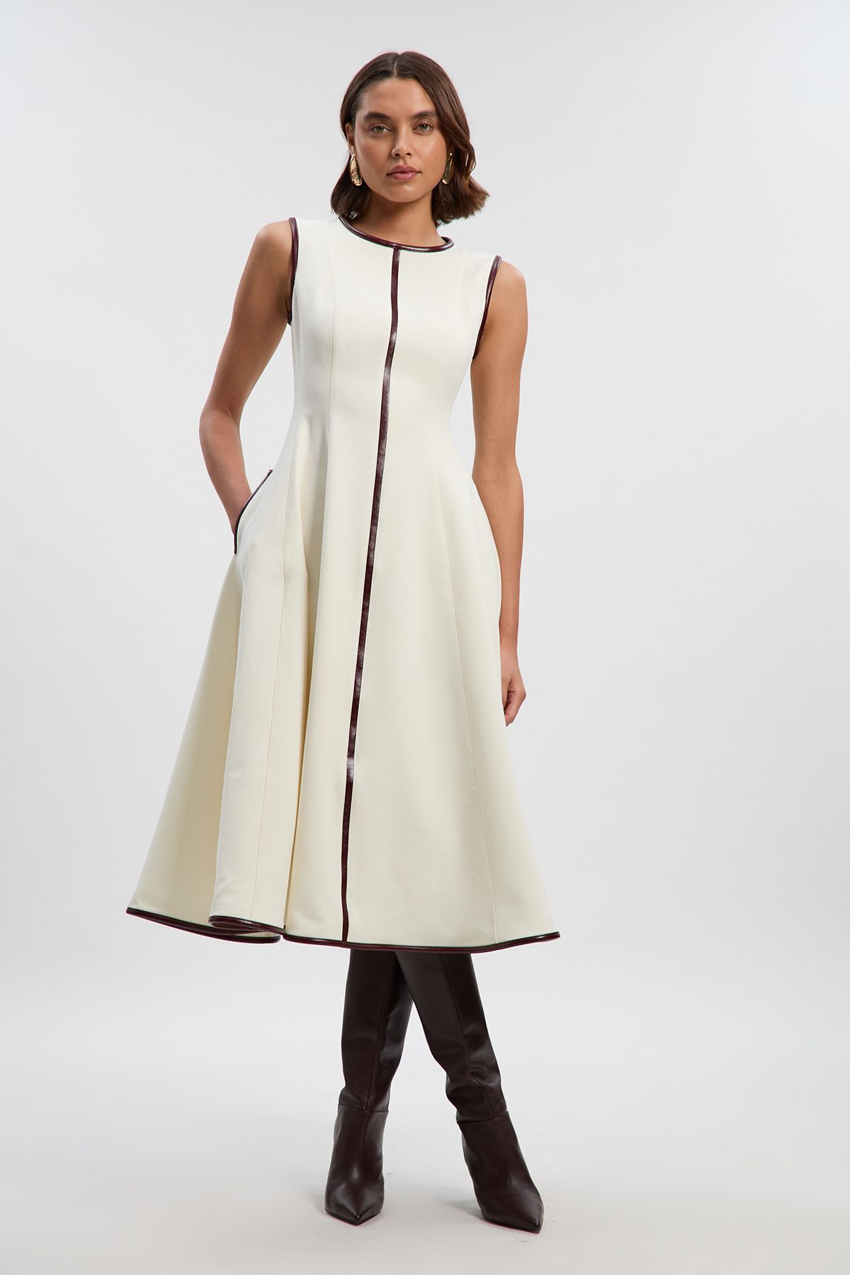 KarenMillen Petite Compact Stretch Pu Mix Sleeveless Full Skirted Tailored Midi Dress