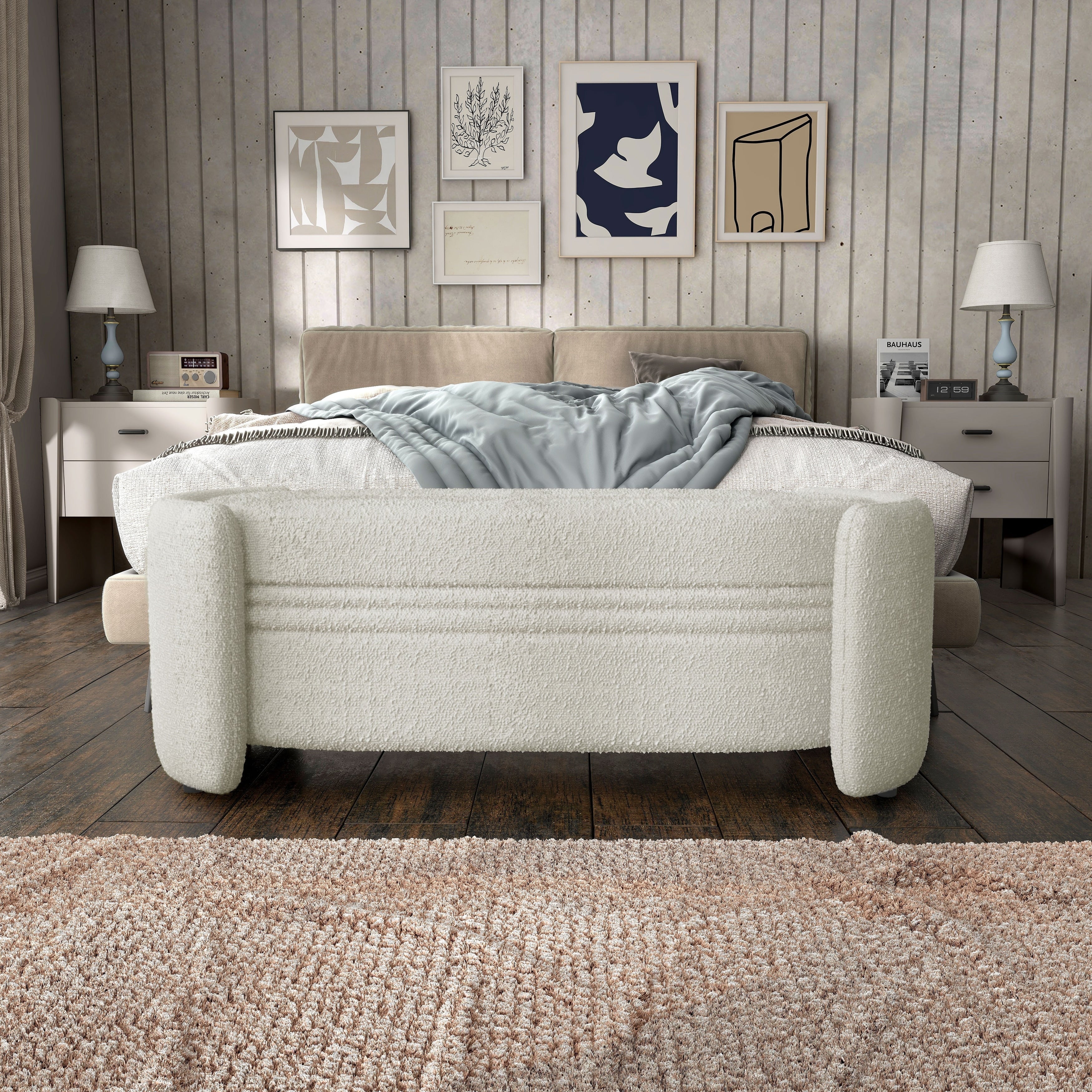 DH BASIC Pressice Contemporary Boucle Storage Bench for Bedroom Entryway by Denhour