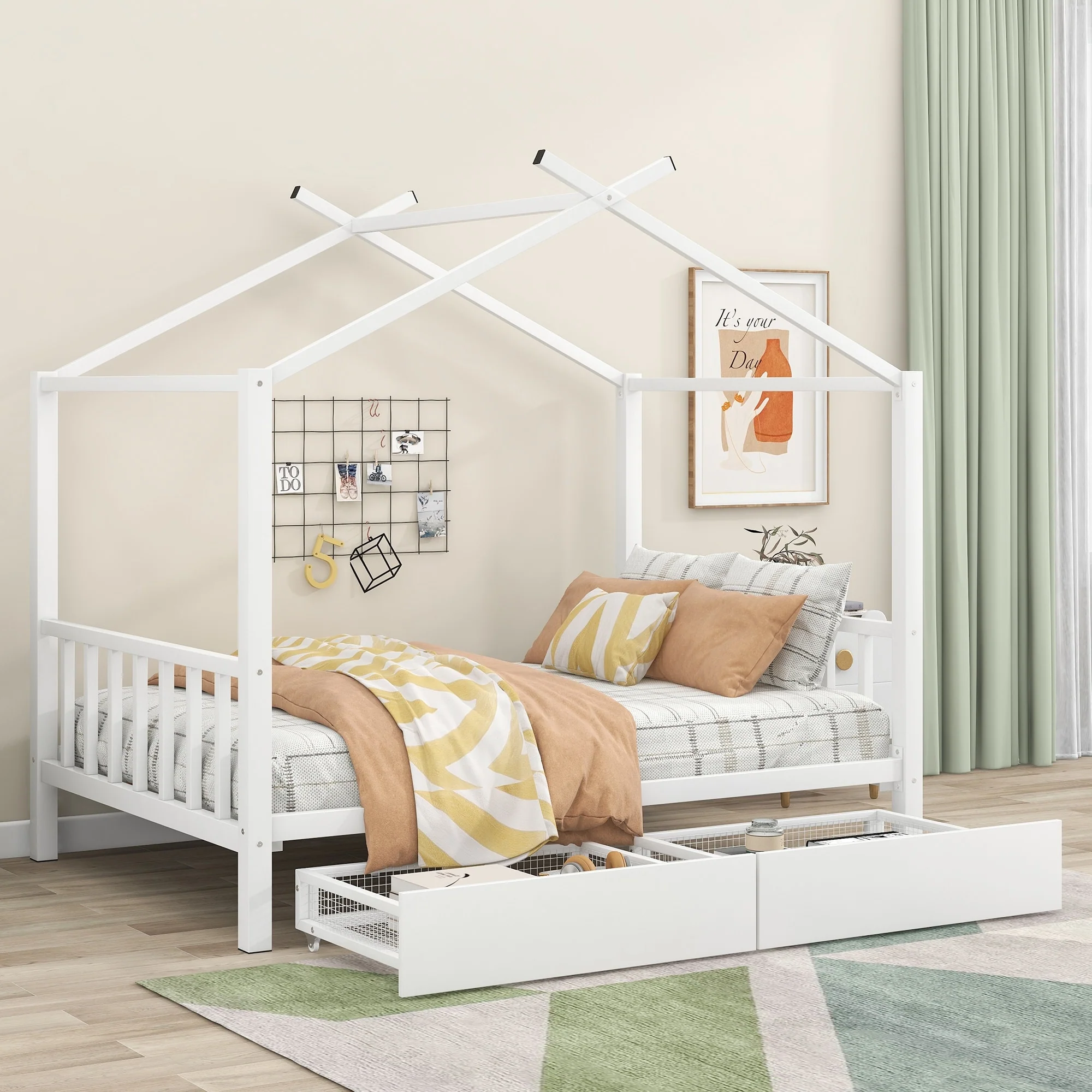 White Full Metal House Platform Bed with Drawers & Headboard