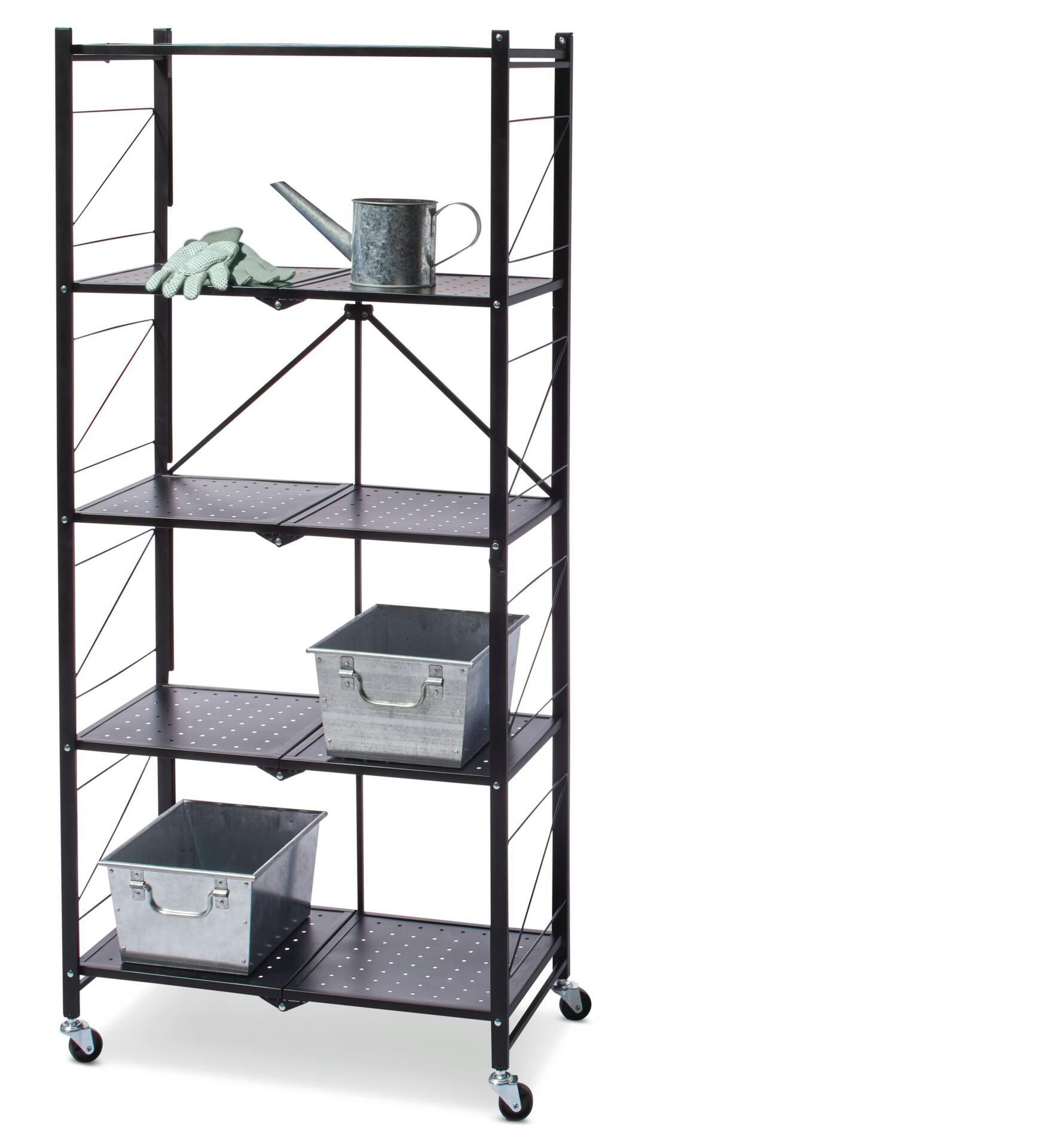 type A Perspective 5-Tier Foldable Storage Rack with Wheels, Black