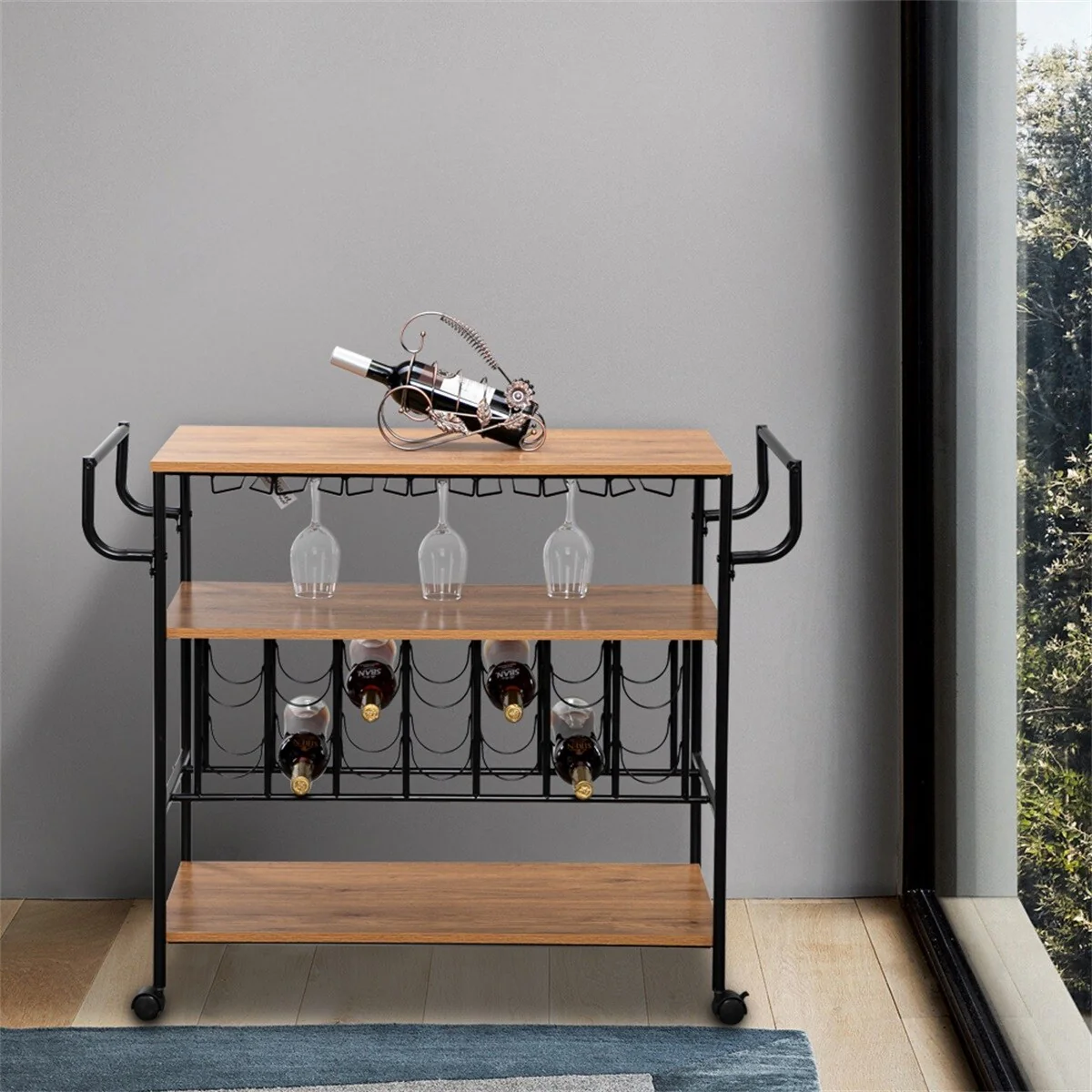 Industrial Wine Rack Cart Kitchen Rolling Storage Bar Wood Table