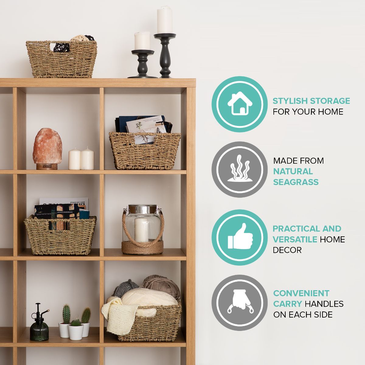 LIVIVO Seagrass Storage Baskets Set of 4 Natural Woven Hampers with Handles Multipurpose Home Organiser