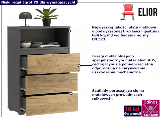 Regał na nóżkach z gładkimi frontami antracyt   dąb craft - Vetica