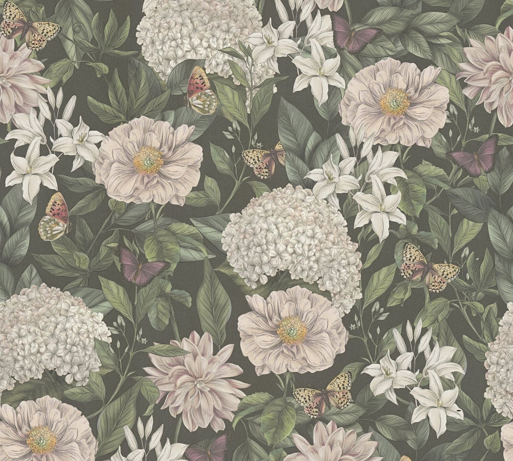 Livingwalls behang bloemen zwart, donkergroen, wit, roze en geel - 53 cm x 10.05 m - AS-394261