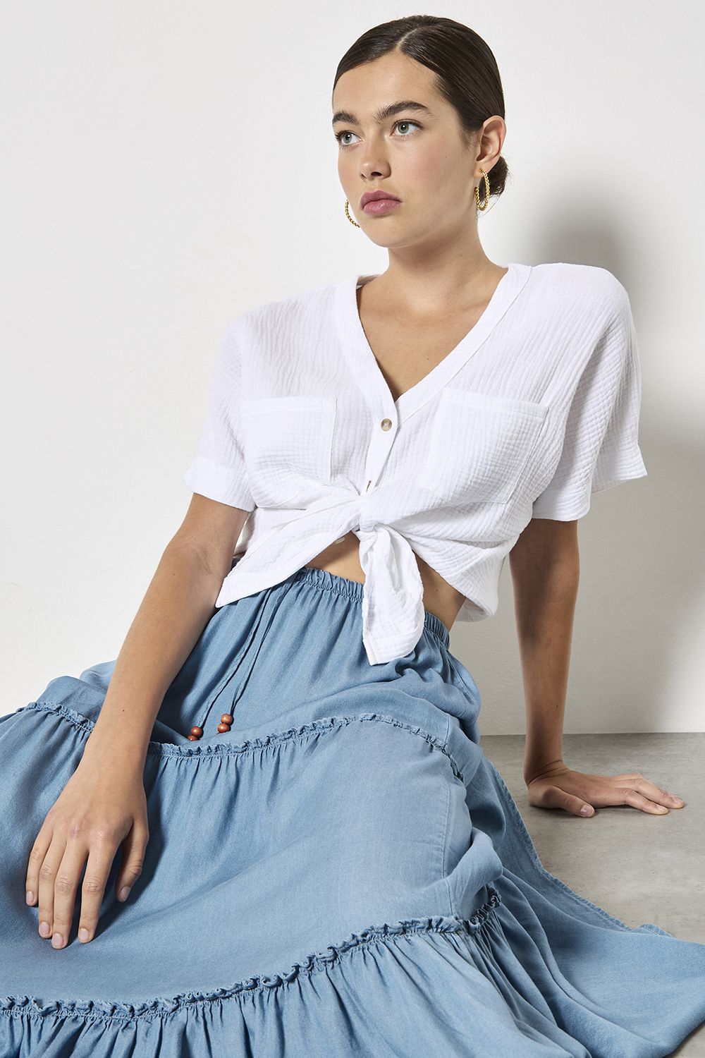 Apricot Denim Tiered Maxi Skirt