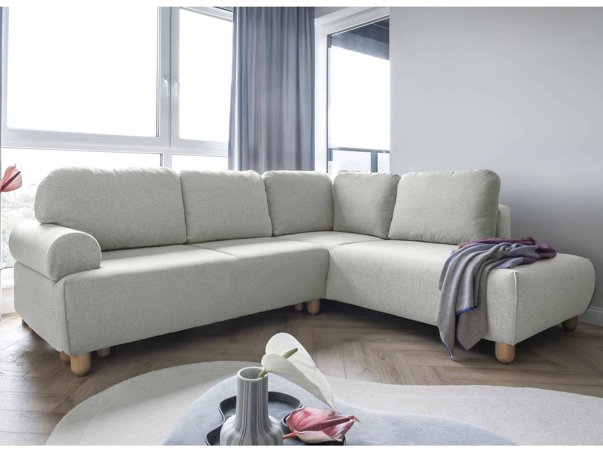 OLLI - Canapé d'angle droit convertible 5 places en tissu beige