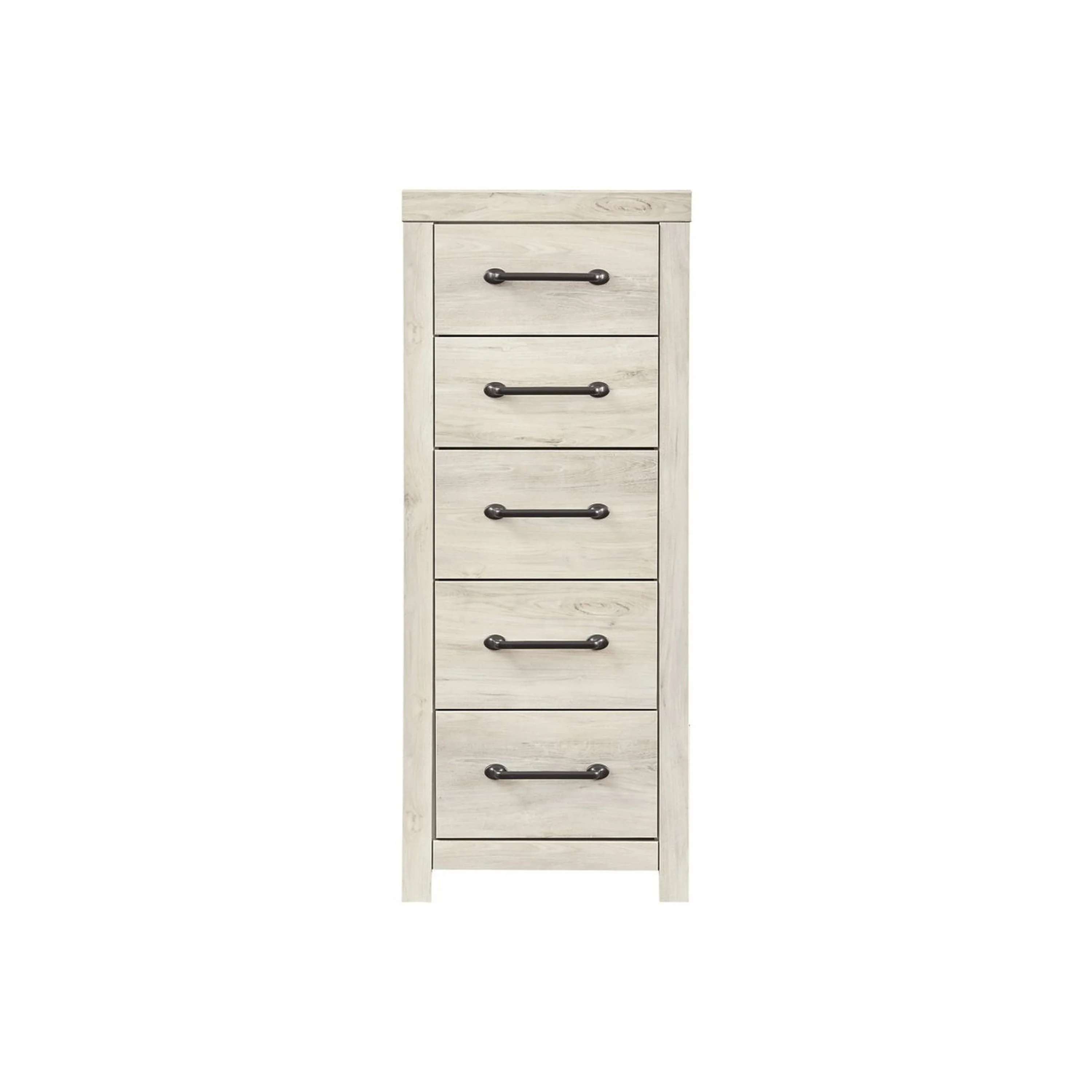 Grained 5 Drawer Wooden Chest with Bar Pull Handles, Distressed White