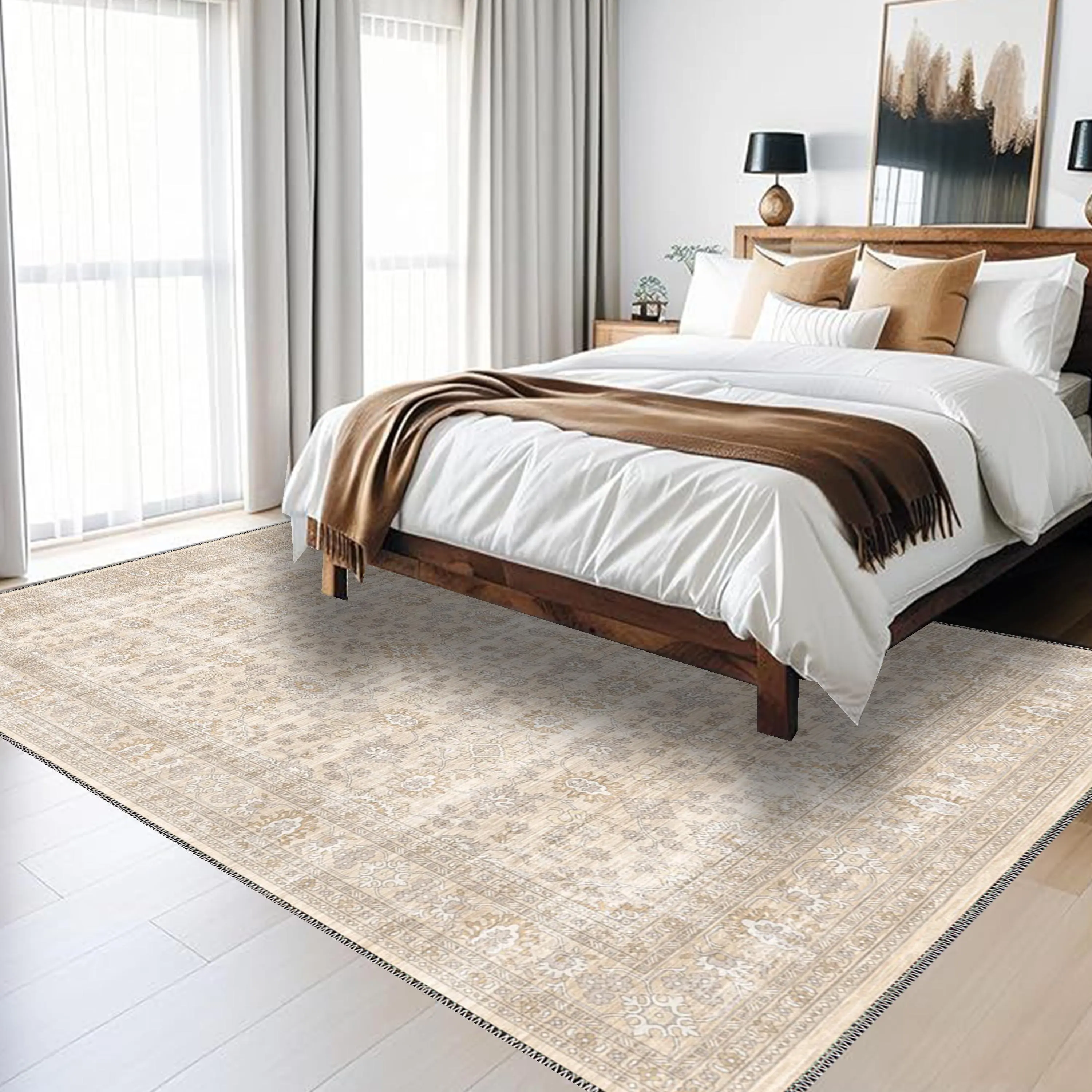 Beige Area Rug: Distressed Anatolian Style, Washable