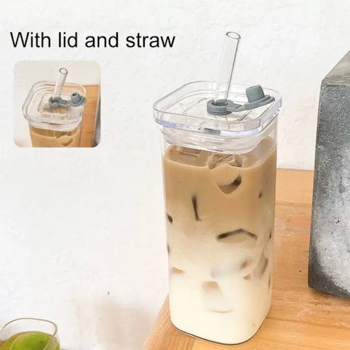NNEOBA Glass Coffee Mug with Lid & Straw