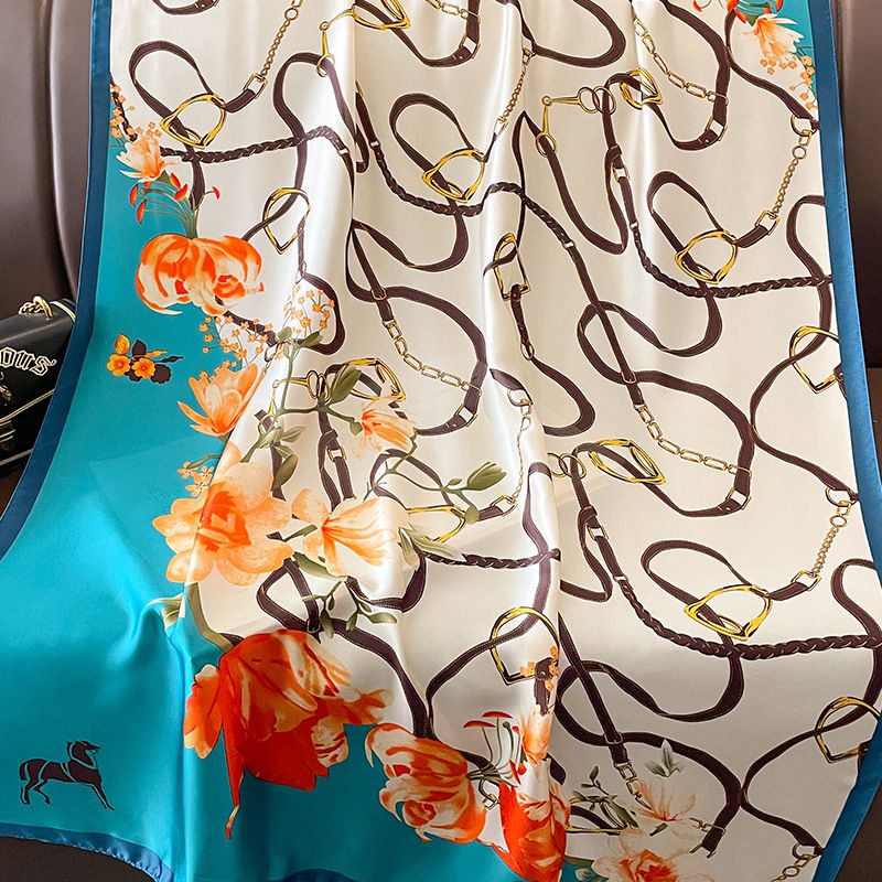 PEACH ACCESSORIES Luxury Chain & Horse Print Satin Feel Blue Scarf