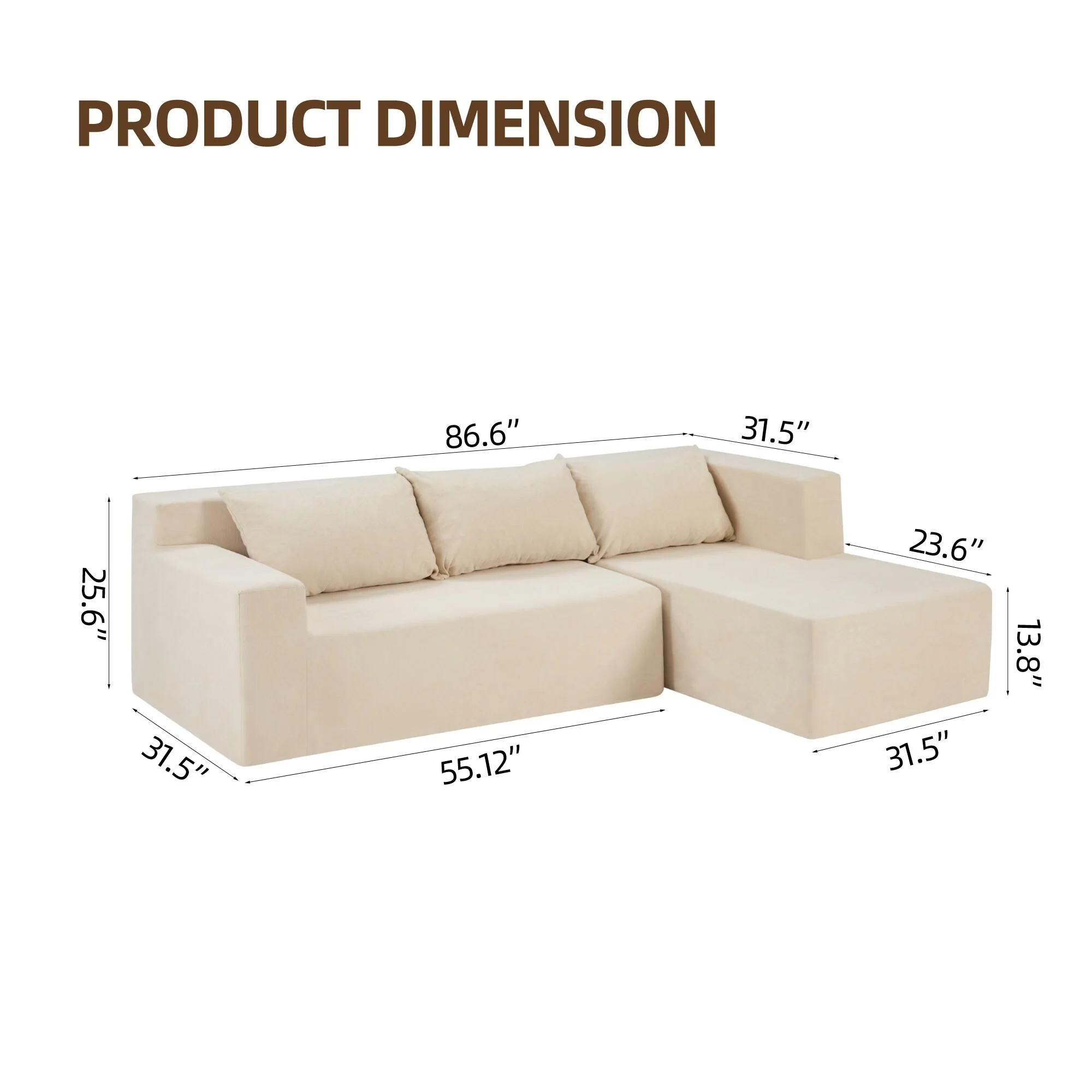 Brown 86.6'' Spacious L-Shaped 3-Seater Sectional Sofa with Movable Footrests and Detachable Cushions for Easy Maintenance