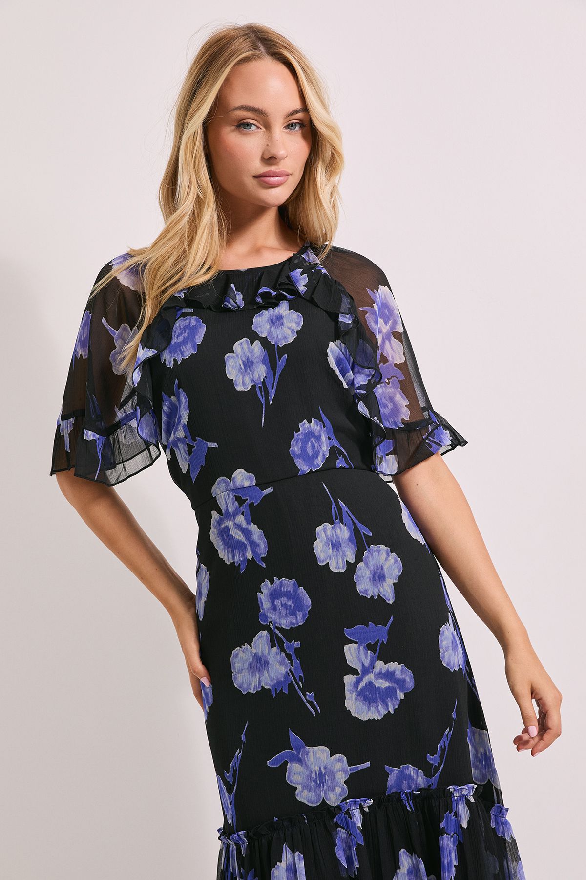 Dorothy Perkins Blue Floral Frill Cape Sleeve Tiered Printed Chiffon Midi Dress