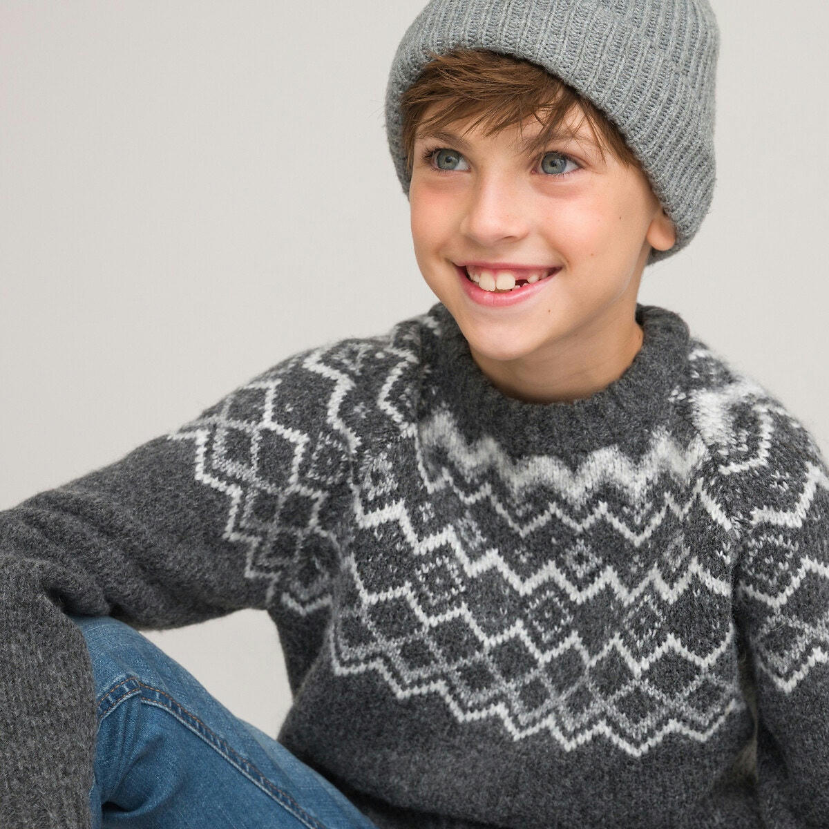 Pull col rond en grosse maille jacquard