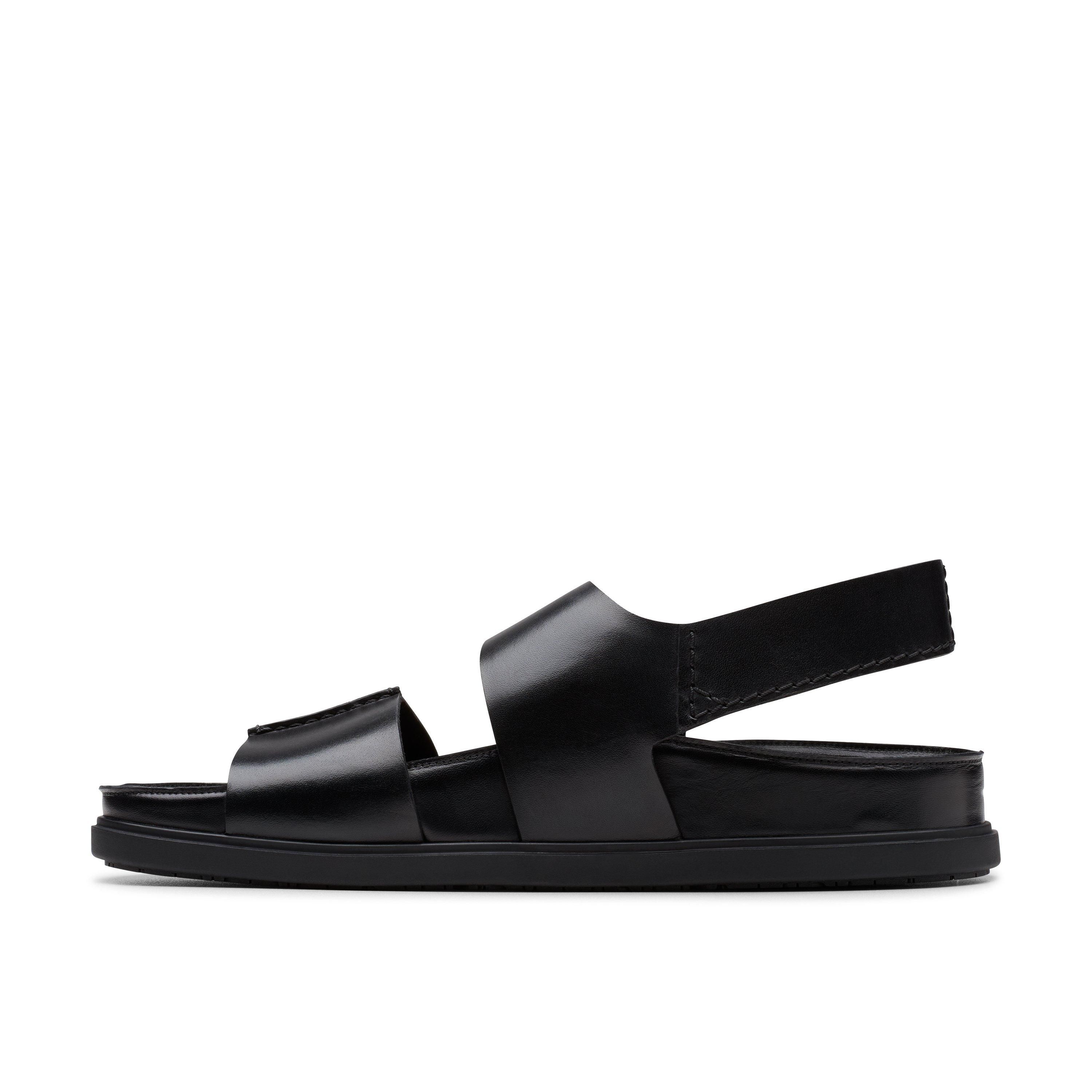 Clarks Torford Strap Black Leather Flat Sandals