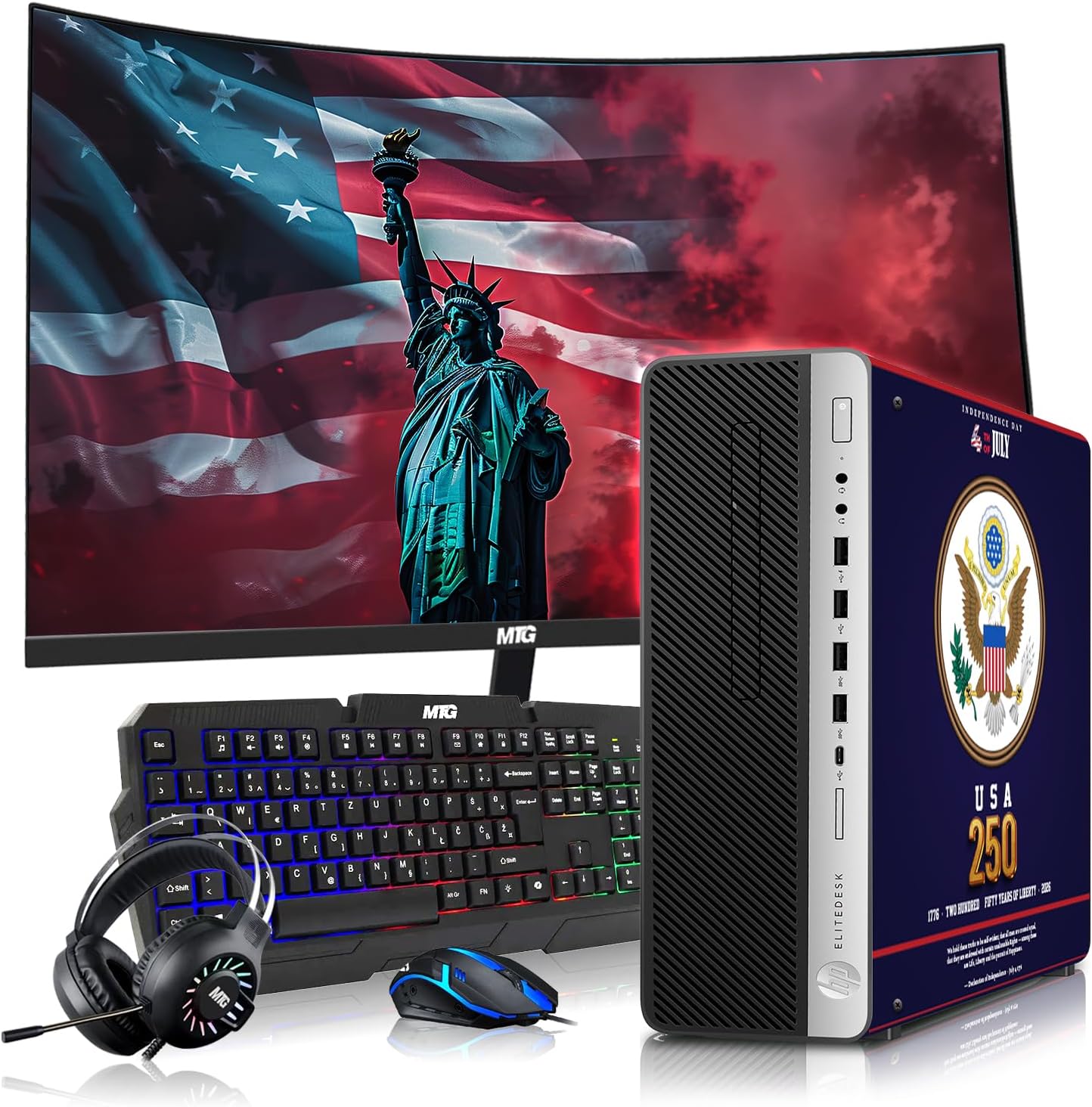 HP EliteDesk Liberty 250 Edition Gaming Desktop Computer PC, AMD, 16GB RAM, 256GB SSD OS+2x500GB HDD, 24 Curve Monitor, GT 1030 Graphics, RGB Keyboard/Mouse/Headphones, Win 11 Pro(Renewed)
