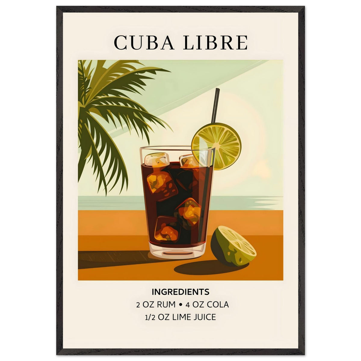 Artfulprints Poster met Lijst Cuba Libre cocktail - Ingrediënten  - 70x100 cm - Bruin